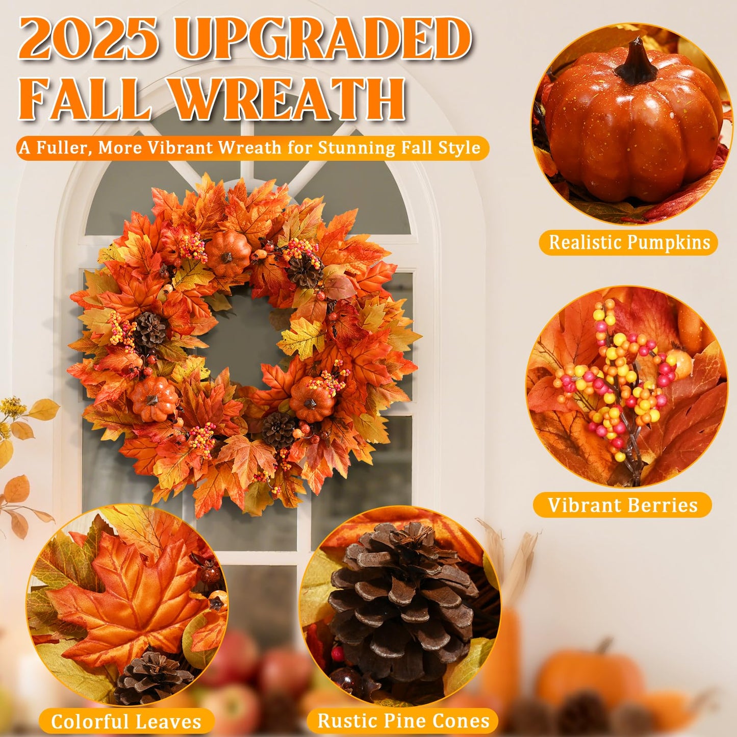 Fall Decor - Fall Wreaths for Front Door, 20 Inch Autumn Wreath with Pumpkins Maple Leaves for Harvest Home Outdoor Thanksgiving Decor