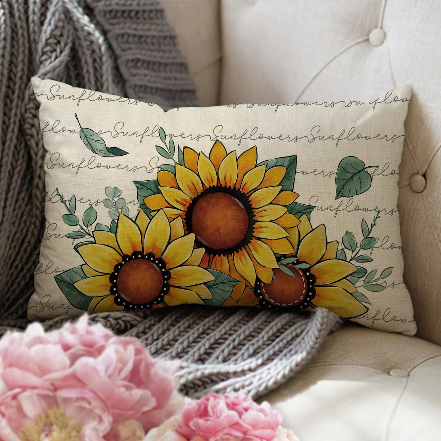 Fjfz Spring Summer Sunflower Lumbar Decorative Throw Pillow Cover 12 x 20, Rectangular Floral Flower Eucalyptus Leaves Outdoor Home Decor, Fall Autumn Seasonal Couch Cushion Case