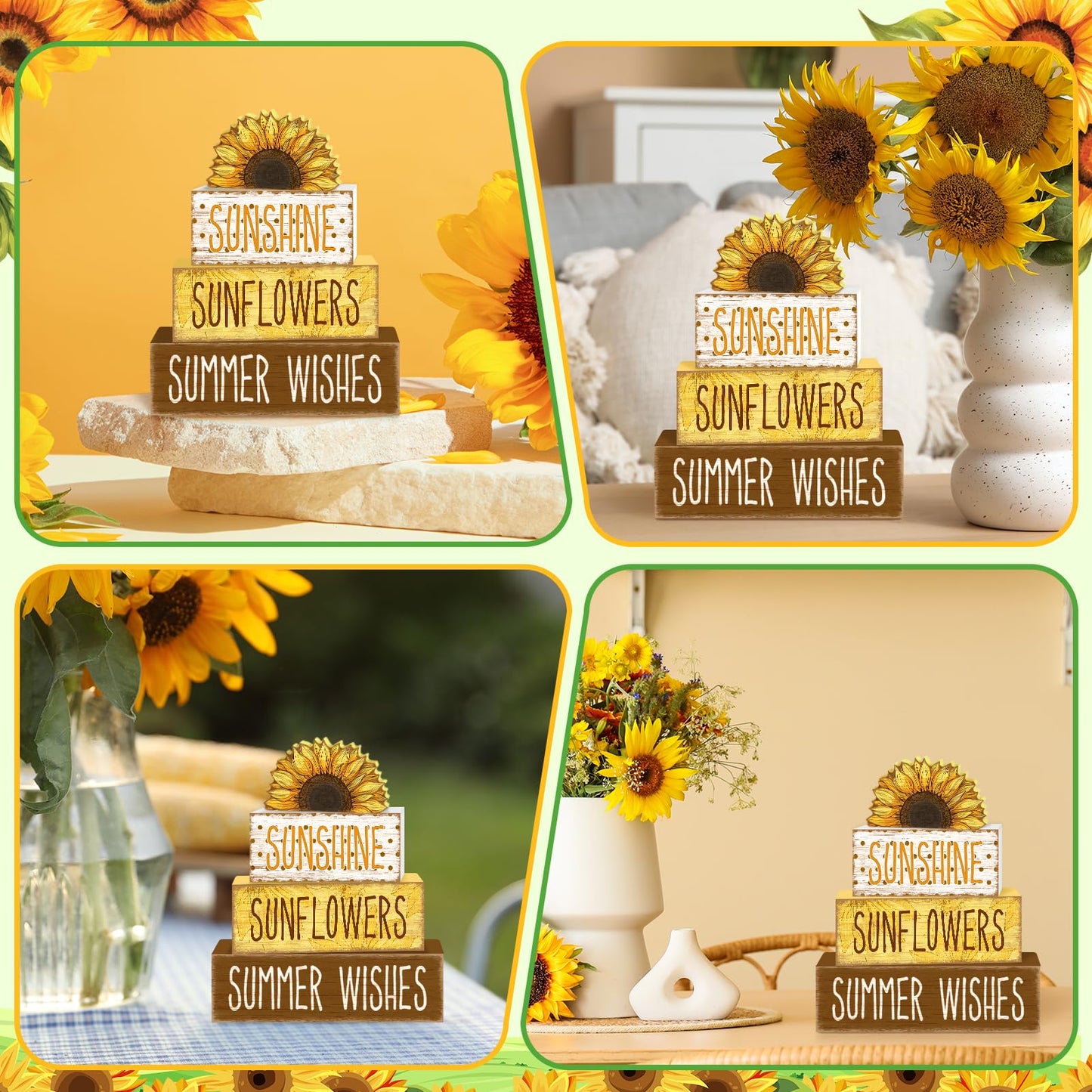 TOMPOP 4 Pcs Summer Tiered Tray Decorations Set Sunflower Stack Block Signs Sunshine Farmhouse Rustic Table Tiered Tray Décor for Table & Home Office (Half-Sunflower Style)