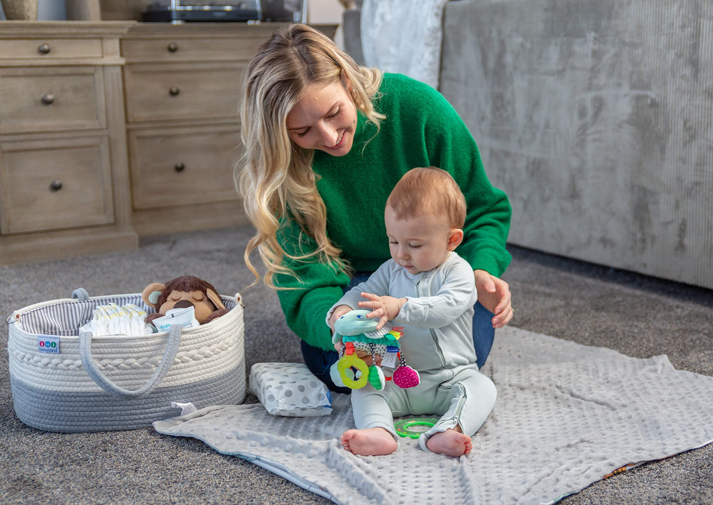 Extra Large Baby Diaper Caddy Organizer - Portable Rope Nursery Basket for Changing Table Storage - Baby Essentials Organizer for Diapers, Wipes, and More