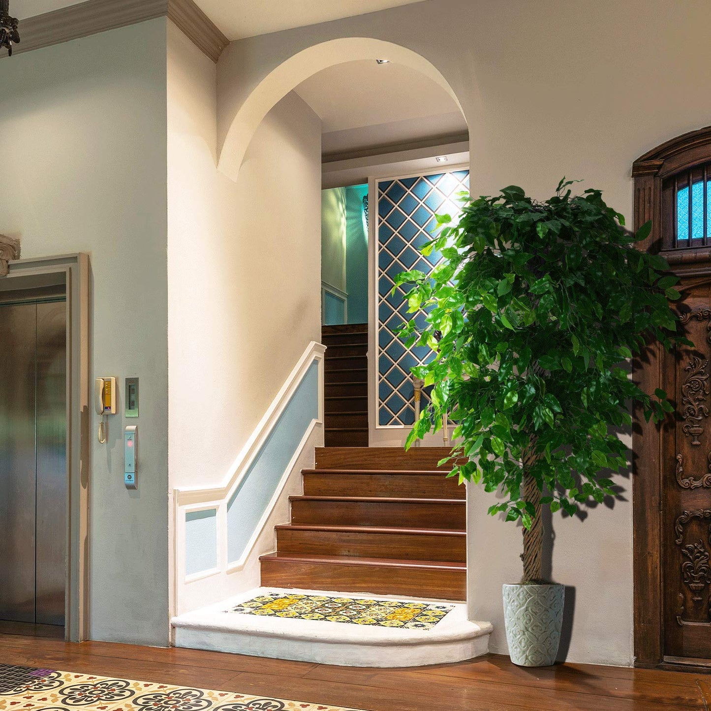 OXLLXO 6ft Artificial Ficus Silk Tree (72in) with Plastic Nursery Pot Faux Tree, Fake Plant for Office House Farmhouse Living Room Home Decor (Indoor/Outdoor)