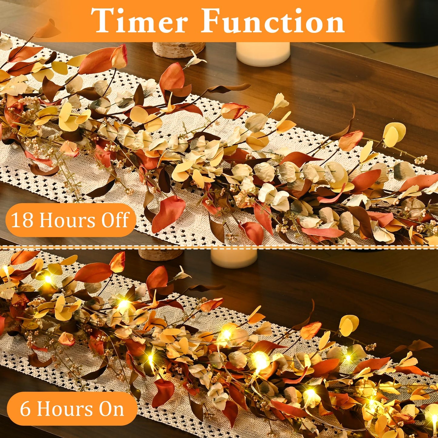 Waipfaru Fall Decor, Fall Garland with Lights, 6FT Autumn Eucalyptus Leaves Lighted Garland Thanksgiving Harvest Festival Decorations for Home Mantle Porch Outdoor Indoor Wedding Table Wall Arch