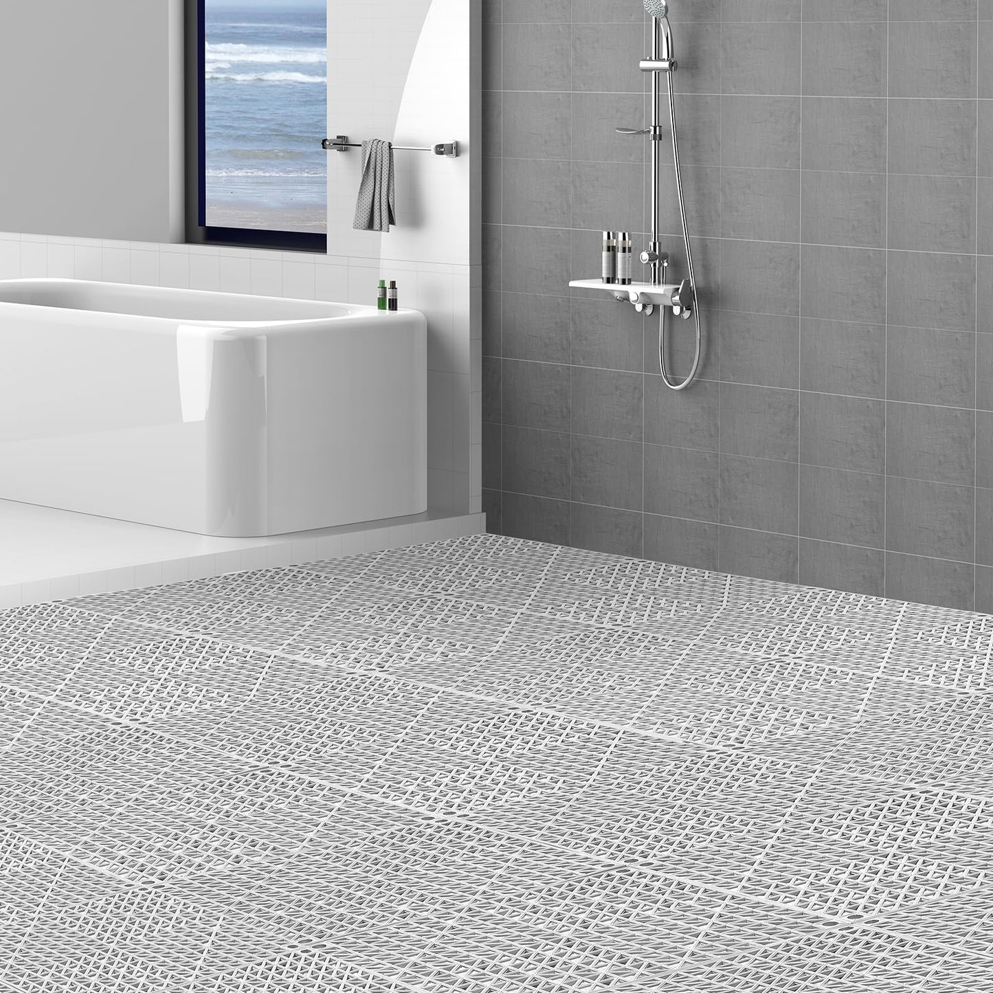 VEVOR Modular Interlocking Cushion, 50 Pack 12" x 12" Splicing Drainage Mats, Soft PVC Interlocking Drainage Floor Tiles, Non-Slip Drainage Holes for Restroom, Bathroom, Kitchen, Pool, Wet Areas, Gray