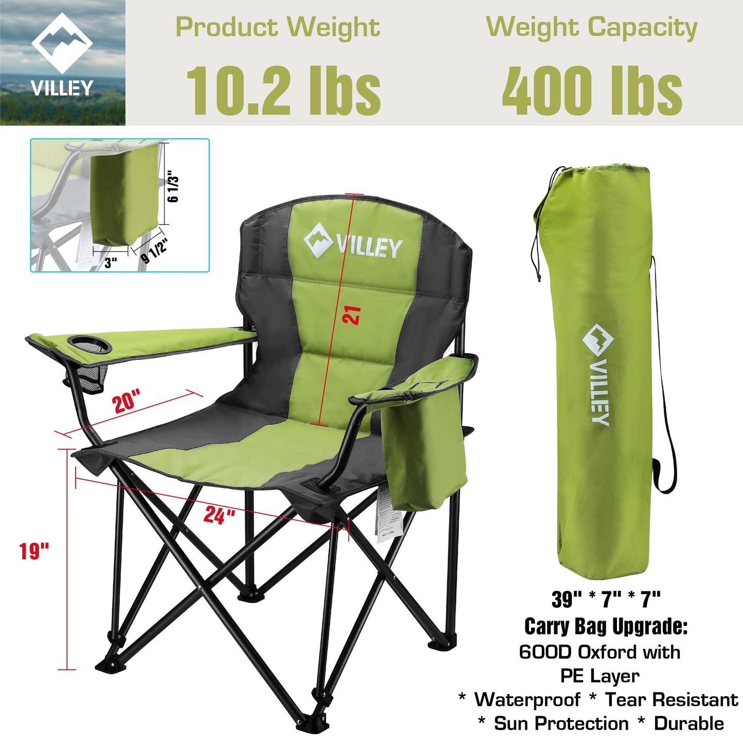 VILLEY Camping Chair, Oversized Folding Camp Chair, Portable Outdoor Chairs Support 400 LBS with Padded Seats, Cooler Bag, Cup Holder, Carry Bag, Green