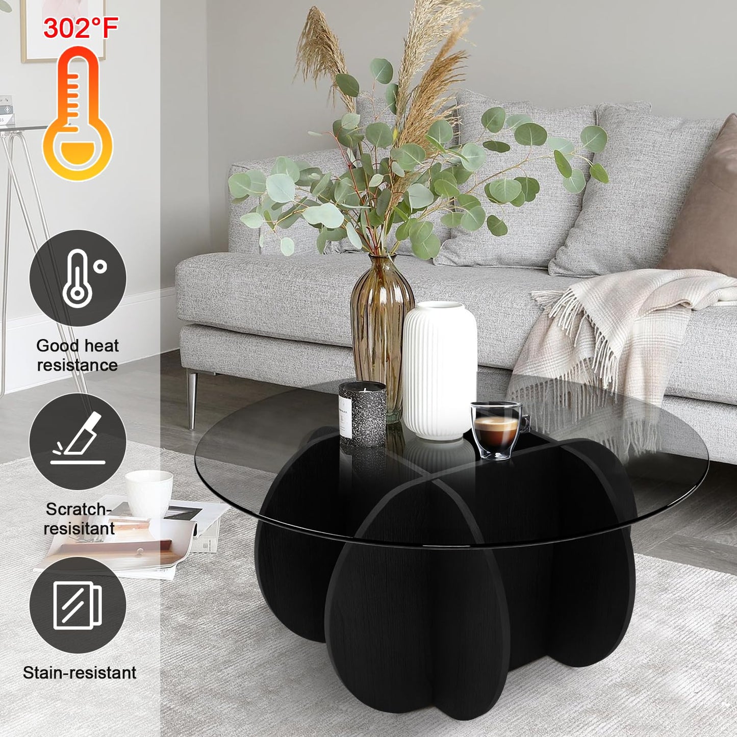 Coffee Table,31.5"Round Glass Coffee Table for Living Room Mid Century Modern Coffee Table Unique Circle Center Table with Wood Base Rustic Accent Center Cocktail Table for Home Small Space（black）