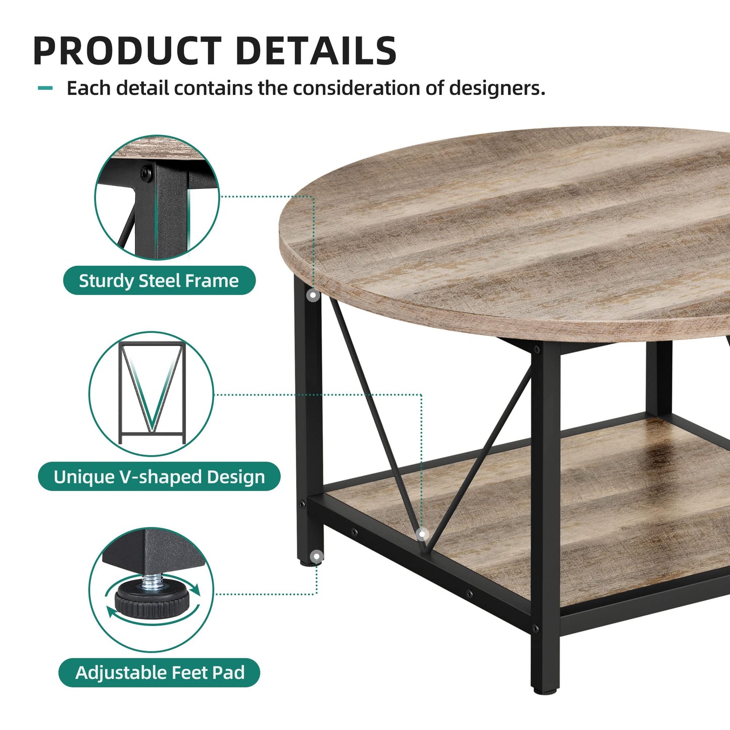 YITAHOME Round Coffee Table, Rustic Wood Coffee Tables for Living Room, Farmhouse Circle Coffee Table with 2-Tier Storage, Center Table with Sturdy Metal Legs Storage Shelf, Grey Wash