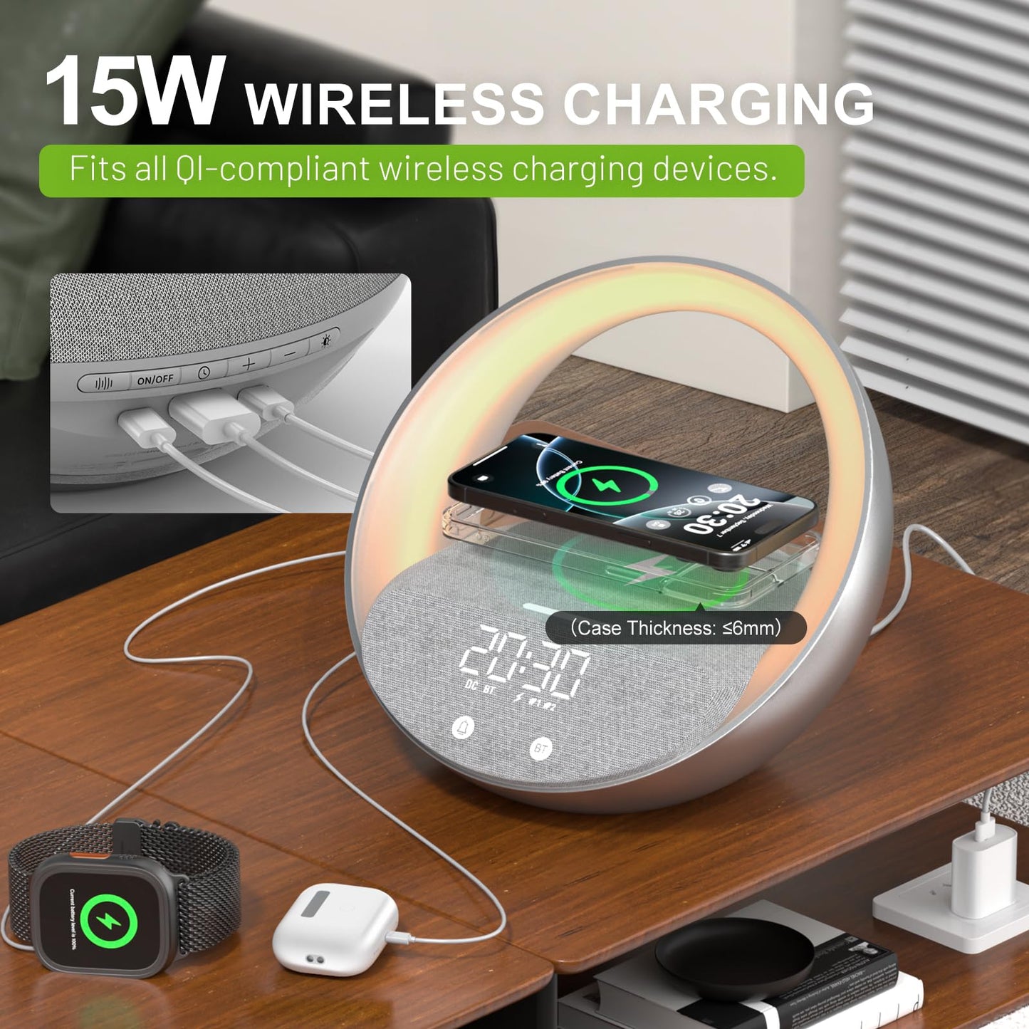 FUNFOR Bluetooth Alarm Clock, Sunrise Simulation Wake Up Night Light, 15W Fast Wireless Charging Alarm Clock for Bedroom, 10W Bluetooth Stereo Sound Speaker, USB Charger Port