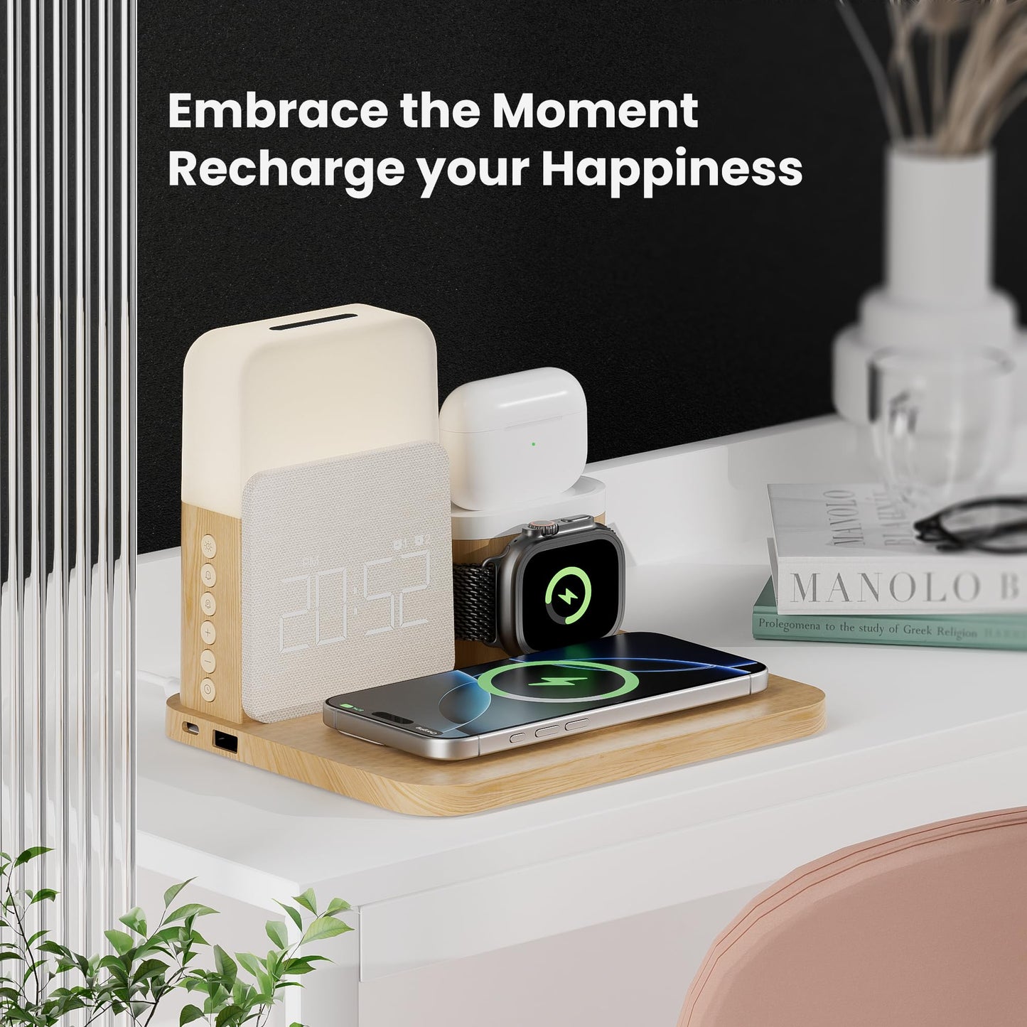 Alarm Clock Charging Station for Bedrooms, 7 in 1 Wireless Charging Station, Mag-Safe Charger with Night Light Bedside Clock for iPhone 16 15 14 13 12 Pro Max, Apple Watch, AirPods