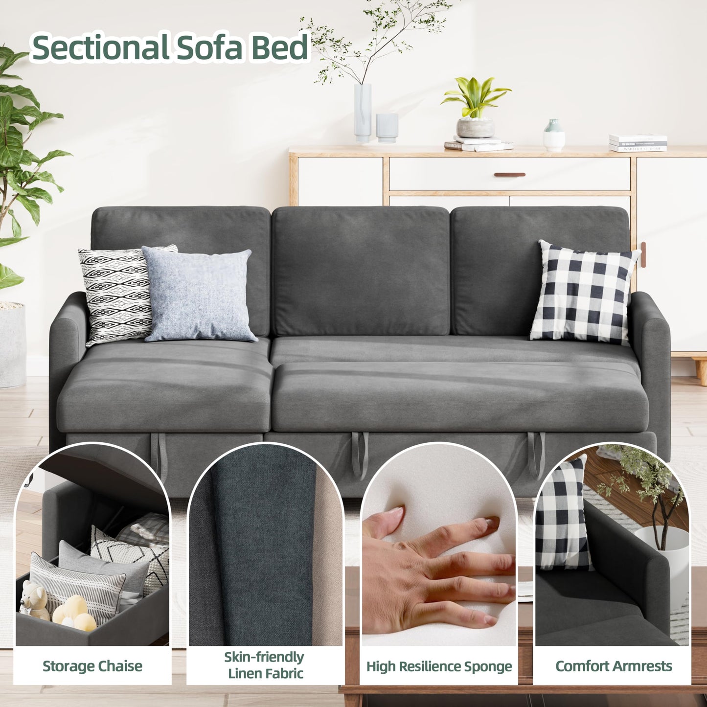 Shintenchi Sofa Couch, Sofa Bed- 2 in 1 Pull Out Couch Bed with Storage Chaise for Living Room, Sofa Bed Sectional Sofa Couch Linen Couch (Grey Black)