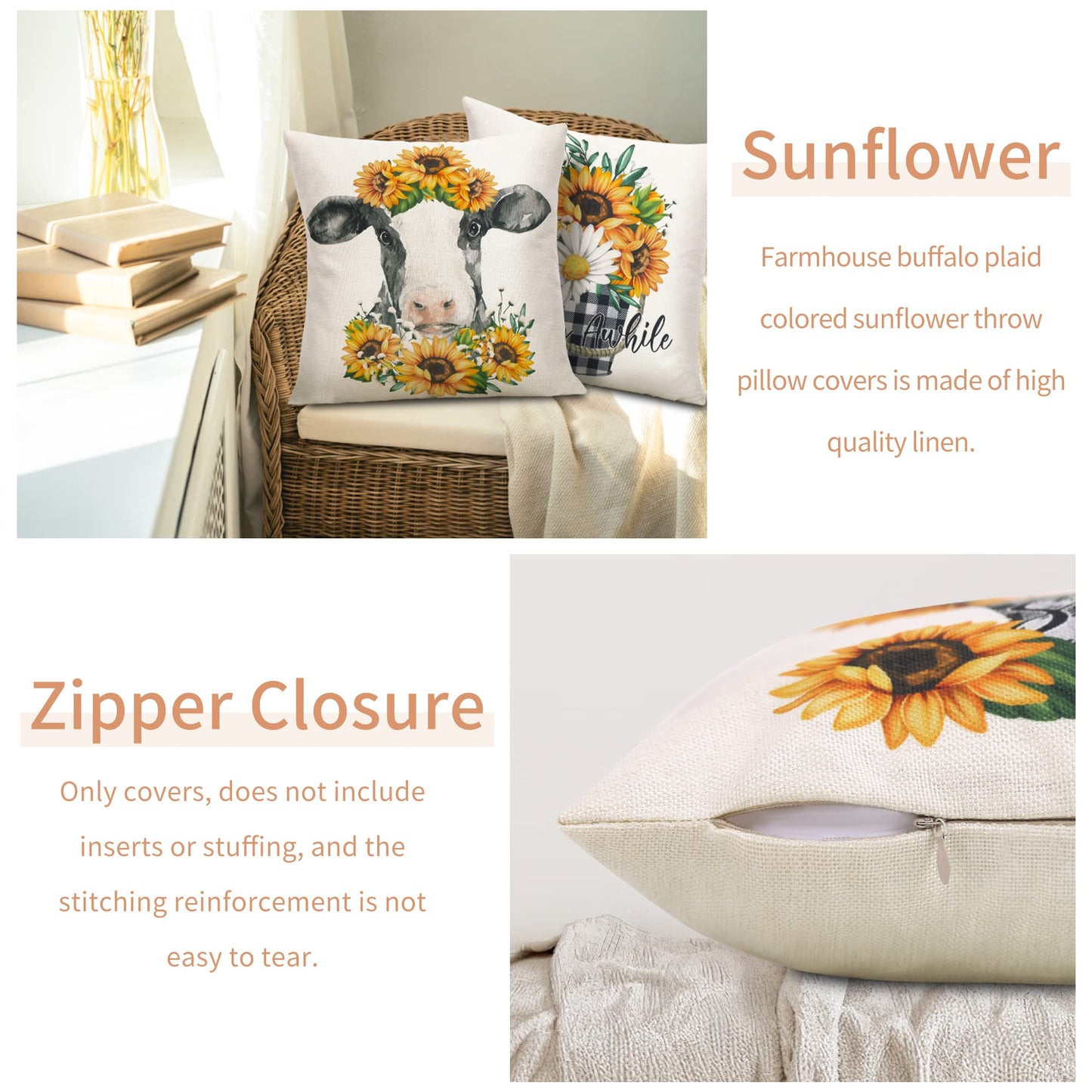 Hofomca Spring Summer Sunflower Throw Pillow Covers 18x18 Set of 4,Yellow Flowers Cushion Case Farmhouse Black and White Cow Buffalo Plaid Pattern Home Decorative for Couch Sofa Outdoor Living Room