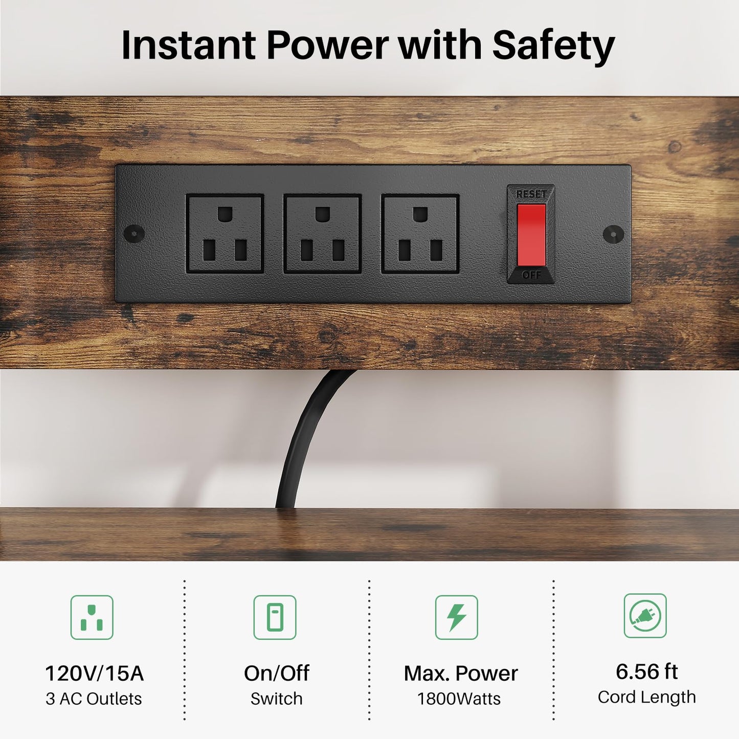 Baker Rack with Power Outlet - Microwave Stand with Storage, Large Coffee Bar Station with 14 Hooks, Metal Kitchen Shelf Rack for Spices, Pots (Rustic Brown)