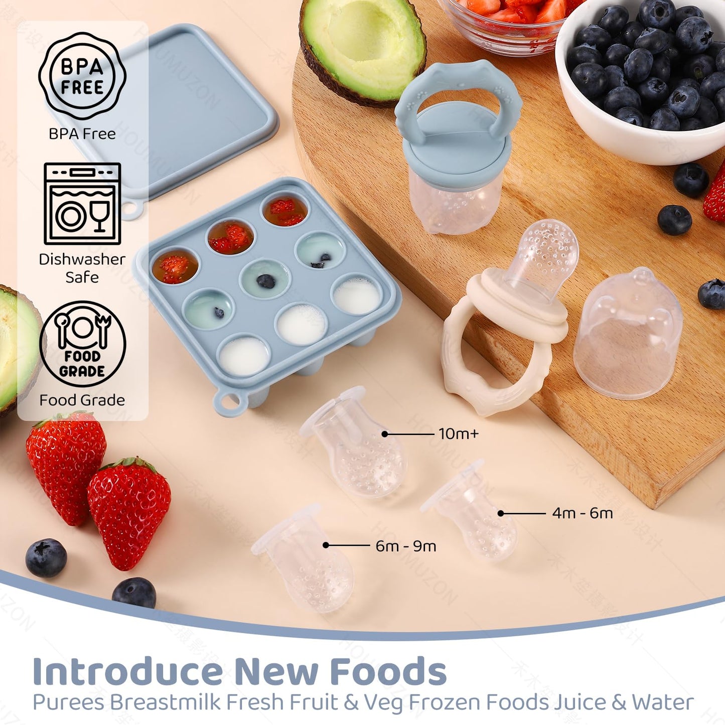 Qkie Silicone Baby Food Feeders & 1 Baby Food Freezer Tray & 2 Extra Pouches- Safe Introduction to New Foods, Frozen Milk & Puree - Ideal for Infants and Toddlers