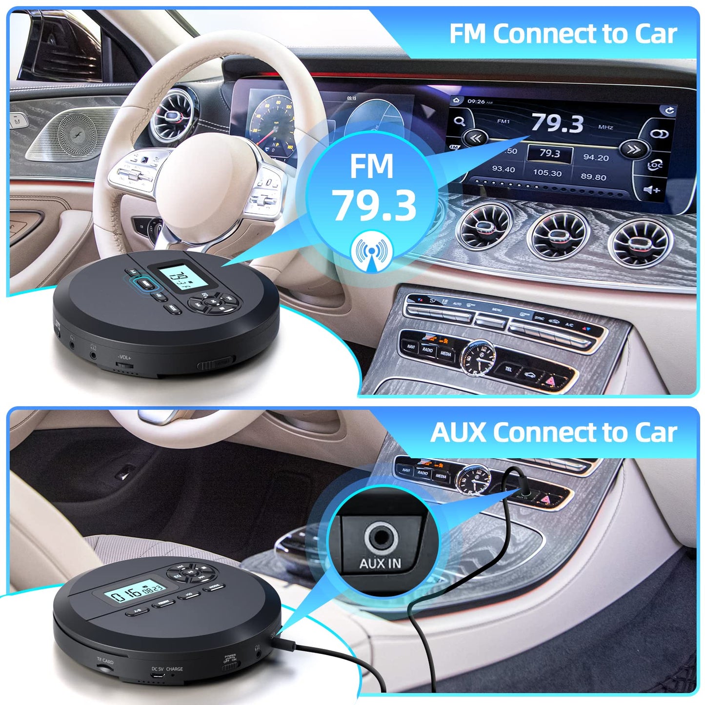 DESOBRY CD Player Portable with Speakers & FM Transmitter, Rechargeable Compact CD Player for Car Built-in 2000mAh, Portable Player with LCD Screen, Earphones, AUX Cord