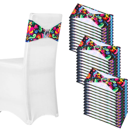 Newwiee 36 Pcs Mexican Theme Stretch Chair Sashes Bands with Buckle Mexican Chair Decorations Elastic Chair Bows for Folding Chairs Wedding Cinco De Mayo Event Fiesta Party Birthday Banquet