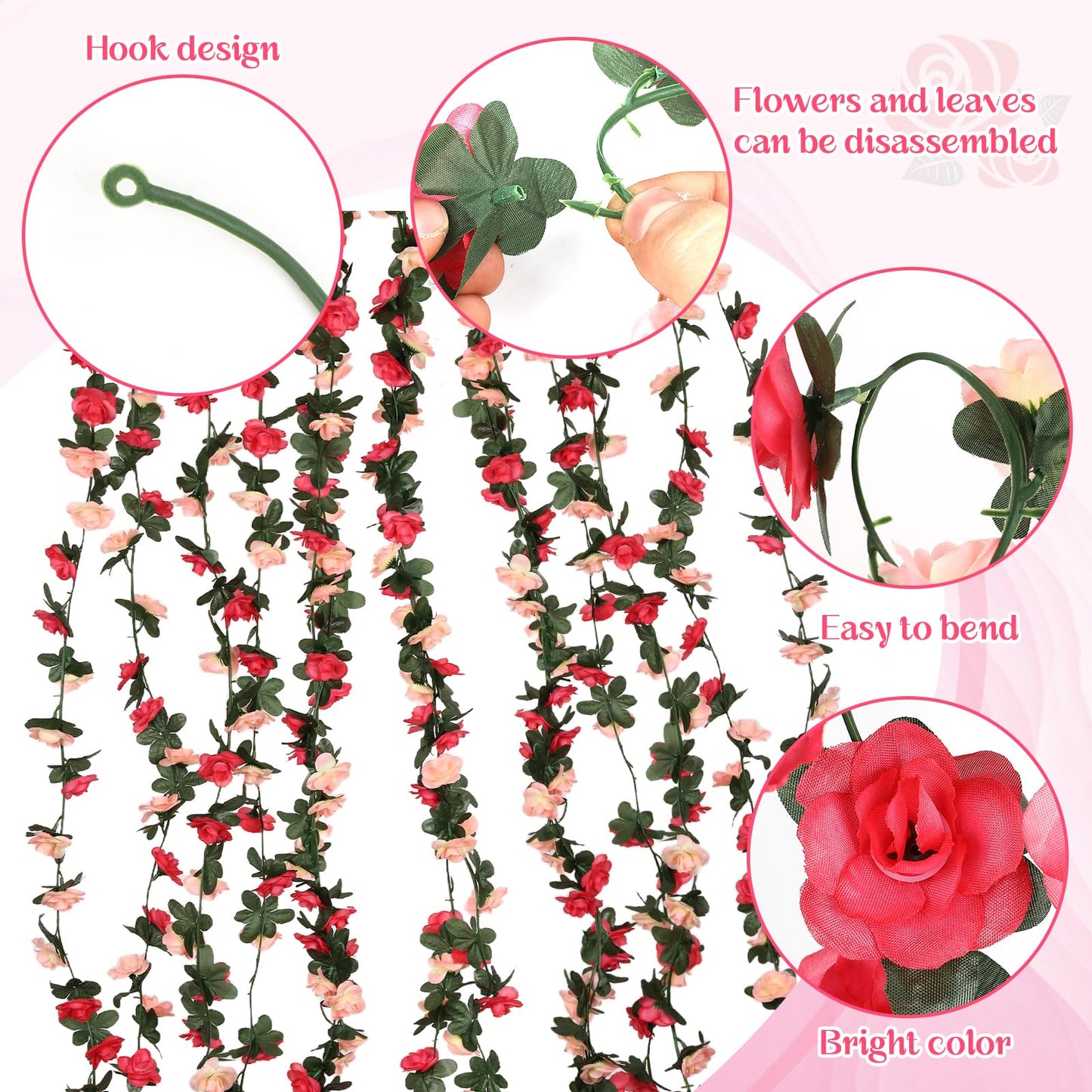 4 Pcs 32.8FT Flower Garland,Rose Garland,Pink Flower Vines for Decoration, Wedding, Garden, Wall Decoration,Backdrop,Bedroom,Birthday Party