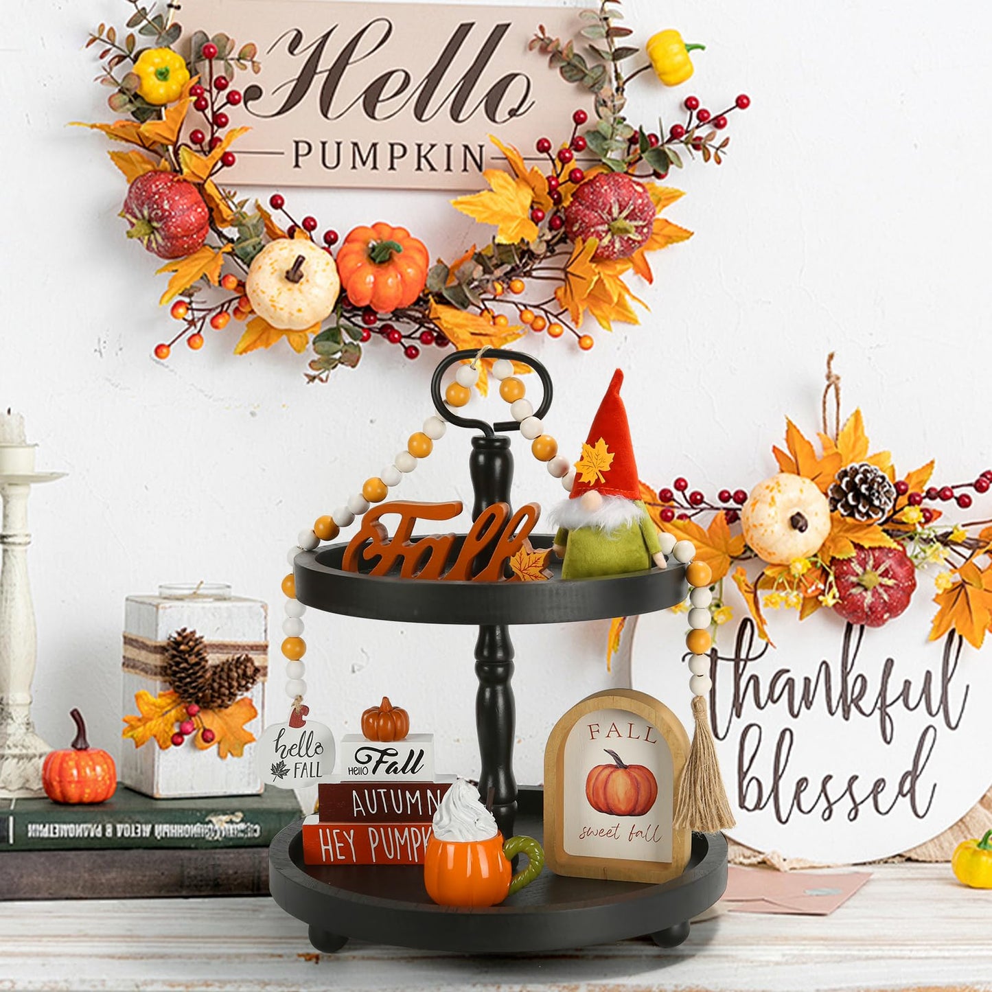 Fall Decorations, 6 PCS Fall Tiered Tray Decor Set, Thanksgiving Harvest Table Centerpiece Pumpkin Gnome Autumn Farmhouse Wood Sign, Indoor Tabletop Decor for Home Office Kitchen Shelf Mantel