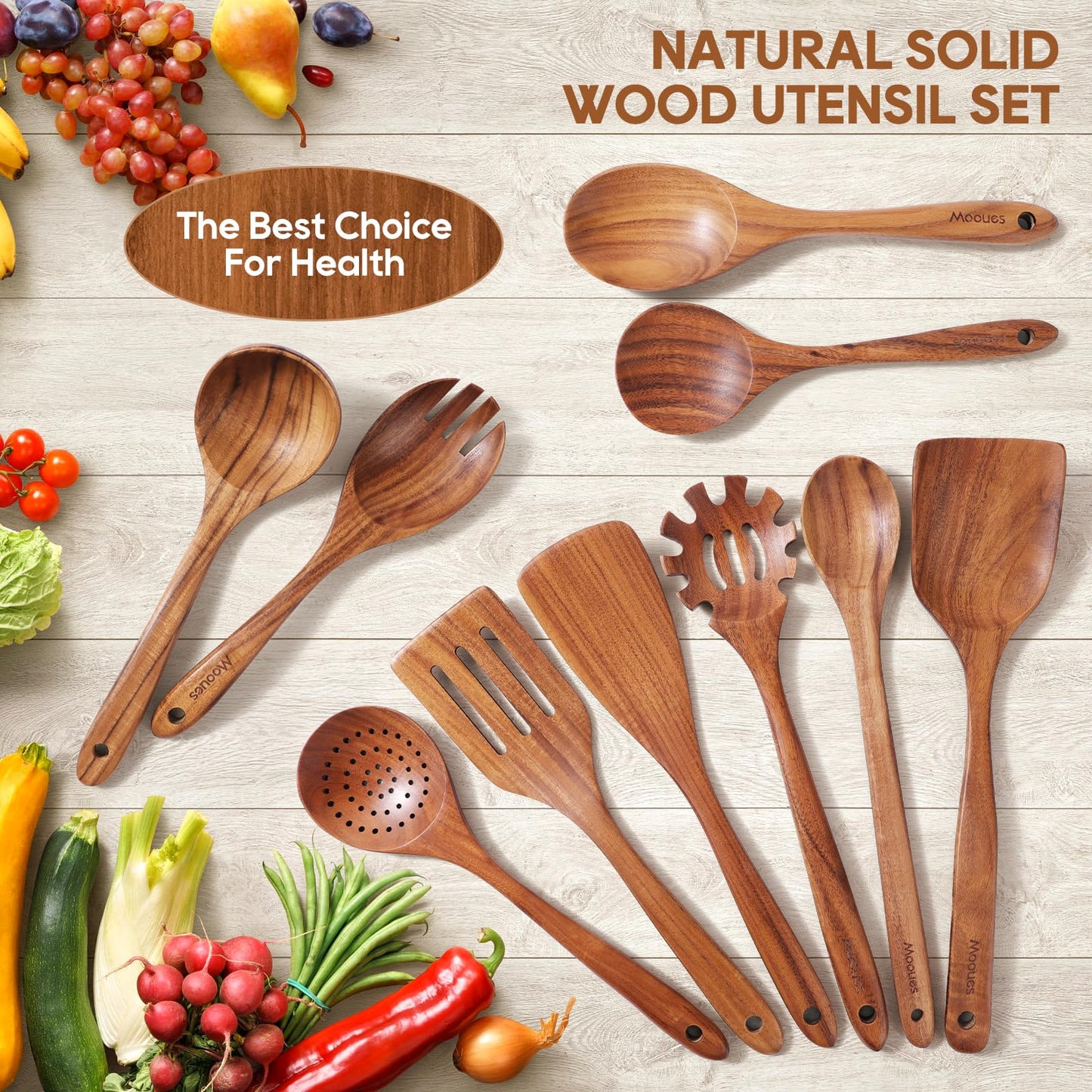 Wooden Spoons for Cooking, 10PCS Teak Wood Cookware Utensil Set with Hooks - Smooth Finish, Non-Stick, Comfortable Grip, Heat Resistant Kitchen Utensils