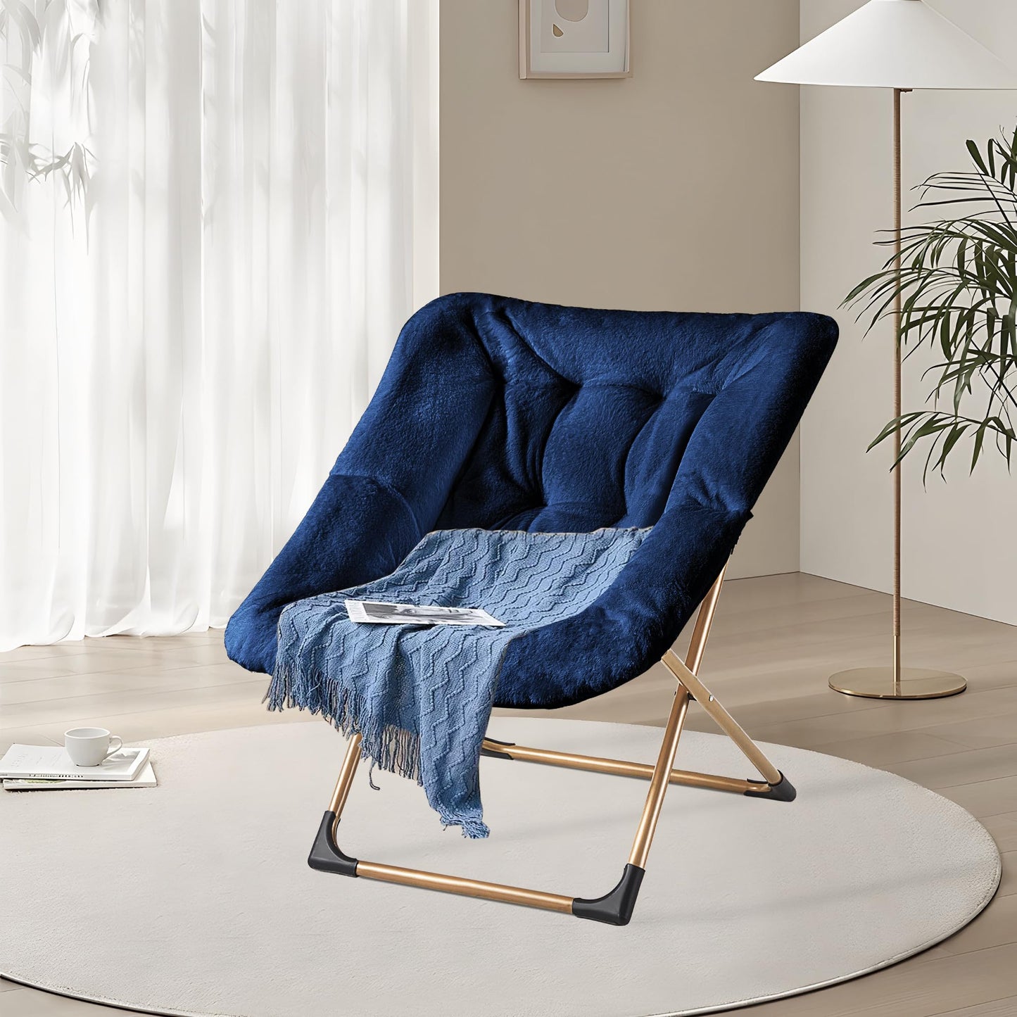 Youtanic Comfy Oversized Saucer Chair, Soft Faux Fur Reading Lounge Chair for Adults, Stable X-Large Metal Frame and Non-Slip Pad, Foldable Cozy Chairs for Bedroom, Living Room, Dorm, Office, Blue