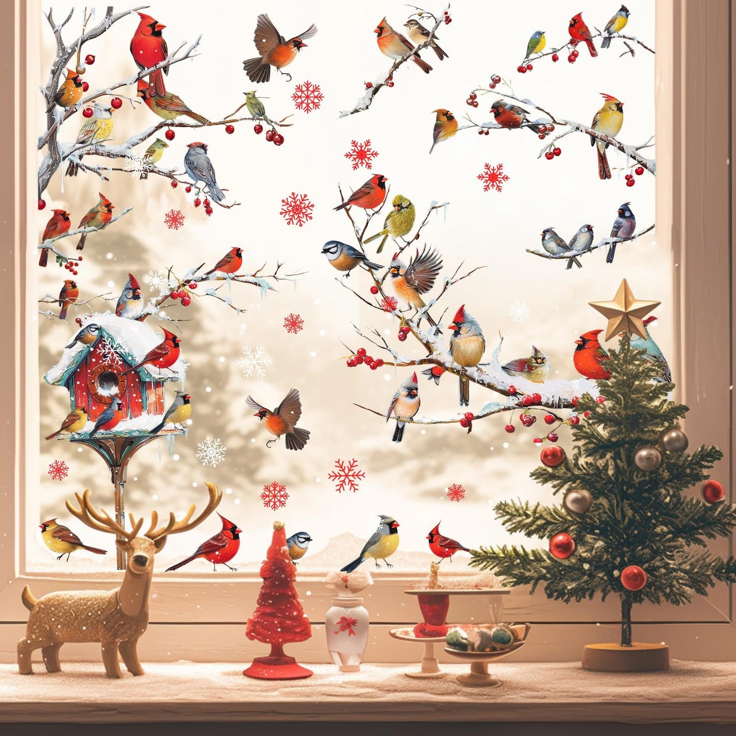 Winter Window Stickers Christmas Window Clings Indoor Outdoor Decoration Xmas Stickers for Winter Holiday Supplies Birds Tree Branch Window Decals for New Year Christmas Party Living Room Home Decor