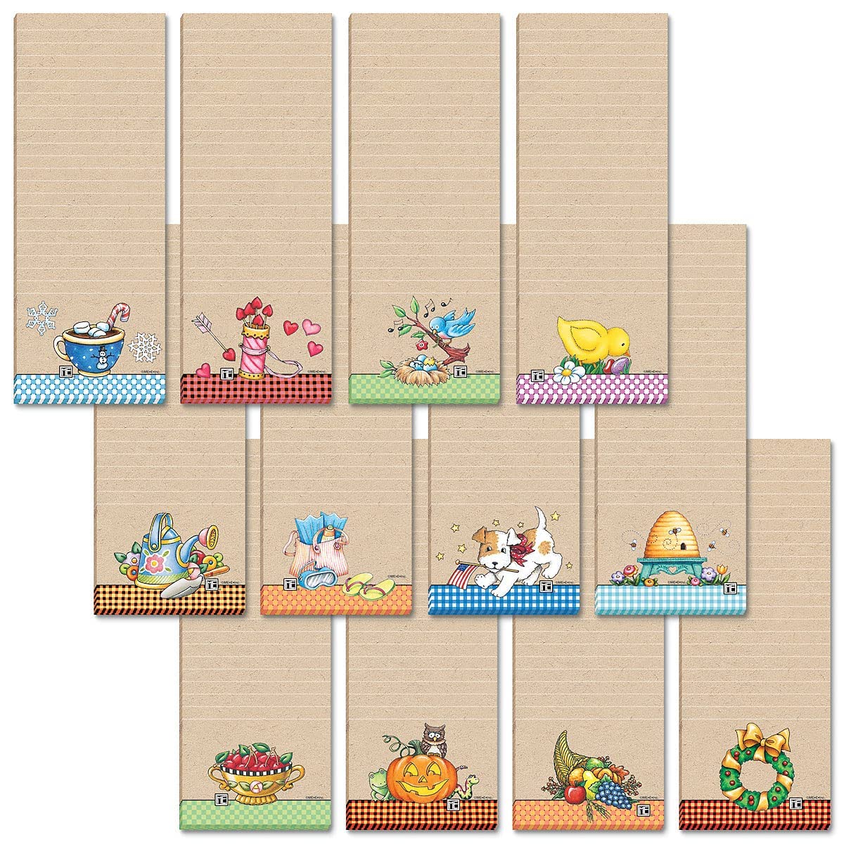 Current Mary Engelbreit Seasonal Characters Magnetic Notepad Set – Set of 12 Mini Memo Pads, 12 Designs, 30-Sheet Pads, 2½ x 6½ Inches, Shopping List, To-Do Notes, Printed in The USA