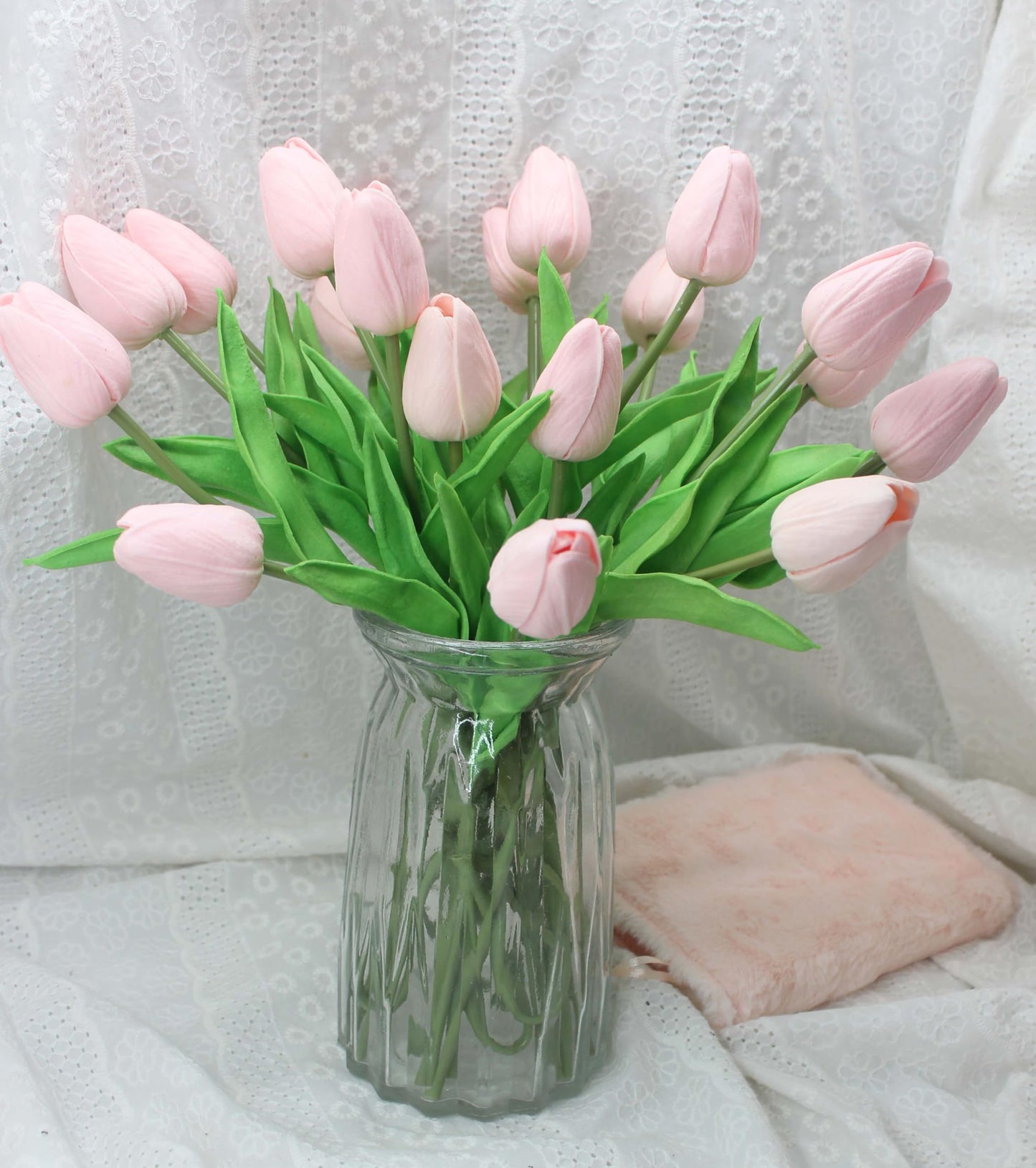 ALIERSA 10-Heads Home Decor Mini Tulip Real Touch Tulip Artificial Flowers Bouquets (Light Pink)