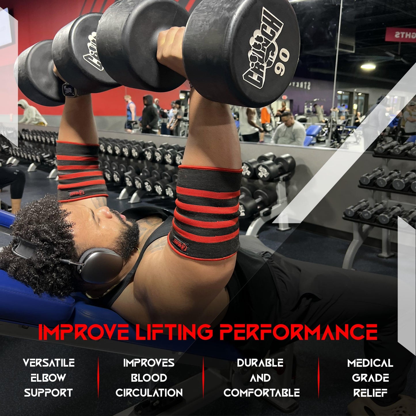 Elbow Sleeve (Pair) Dual-Ply Elbow Support & Compression for Powerlifting Weightlifting Heavy Bench Press Men & Women (Black/Red, Large)