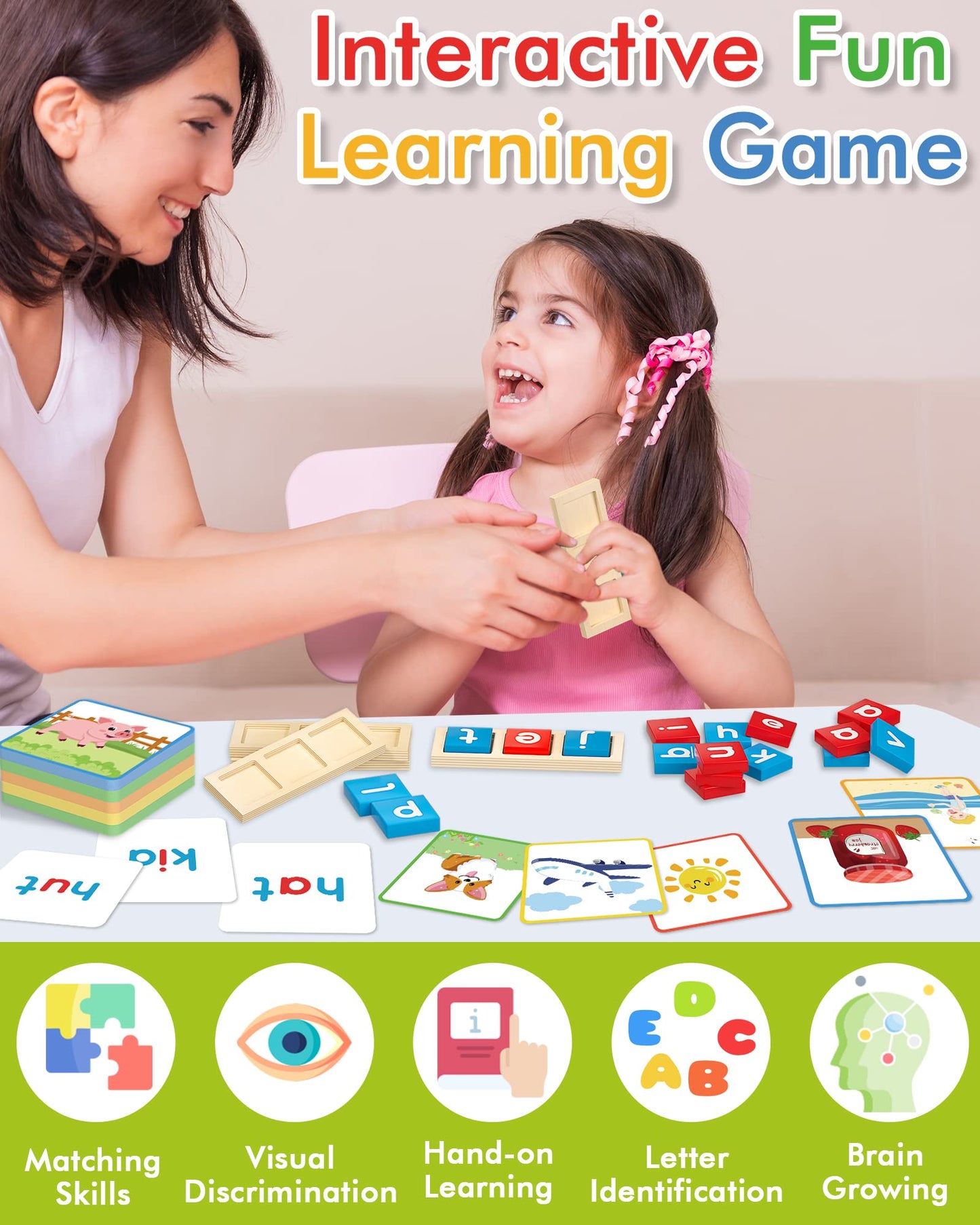 Gojmzo Wooden CVC Word Spelling Games, Preschool Kindergarten Learning Activities, Montessori Educational Toys Gifts for 3 4 5 6 Year Old Kids, Sight Words Flash Cards Reading Letters for Toddlers