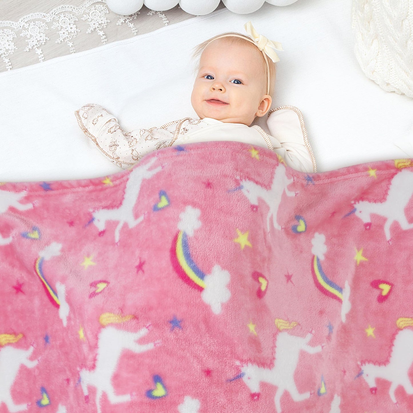 Viviland Kids Unicorn Print Blanket, Warm Lightweight Plush Pink Unicorn Fleece Throw for Sofa, Couch, Bed - 30" x 40"