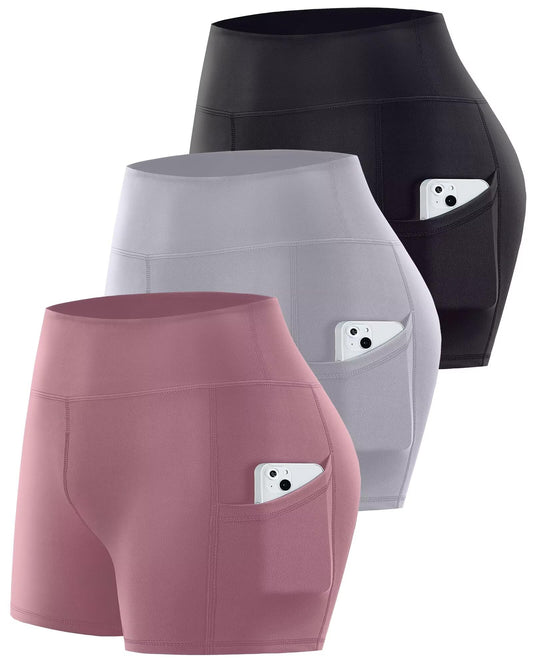 Noblarm 3 Pack Biker Shorts with Pockets Women,5” Soft High Waist Tummy Control Yoga Workout Athletic Running