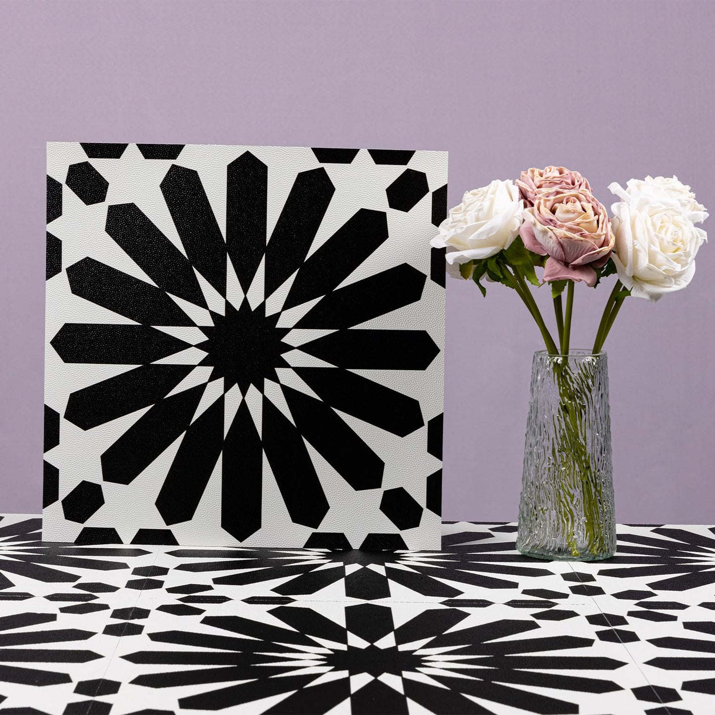 Elffloor Peel and Stick Floor Tile, Black and White Flower Waterproof Vinyl Flooring, 11.8 in×11.8 in, Peel and Stick Flooring for Bathroom, Kitchen, Bedroom, 10 Pcs