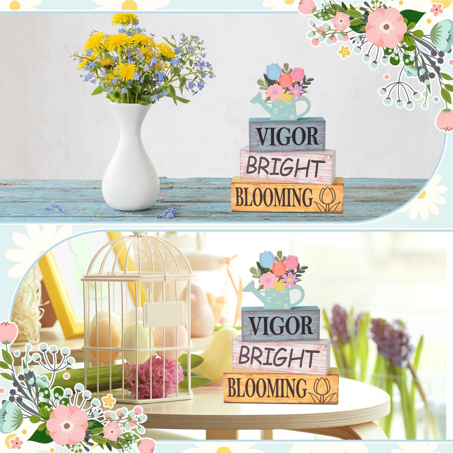 Summer Tiered Tray Decor Wooden Flower Kettle Block Signs Spring Wood Flower Block Summer Tiered Tray Decorations Vigor Bright Blooming Centerpiece Decorations for Kitchen Home Shelf Office Decor