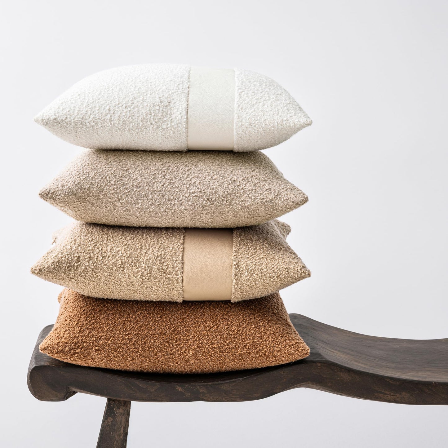 SINYASAN 18"x18" Tobacco Boucle Throw Pillow Covers with Faux Leather Accents Set of 2 Fluffy Textured Decorative Pillow Cases for Couch Bed Boho Farmhouse Square Cushion Covers for Nordic Home Décor