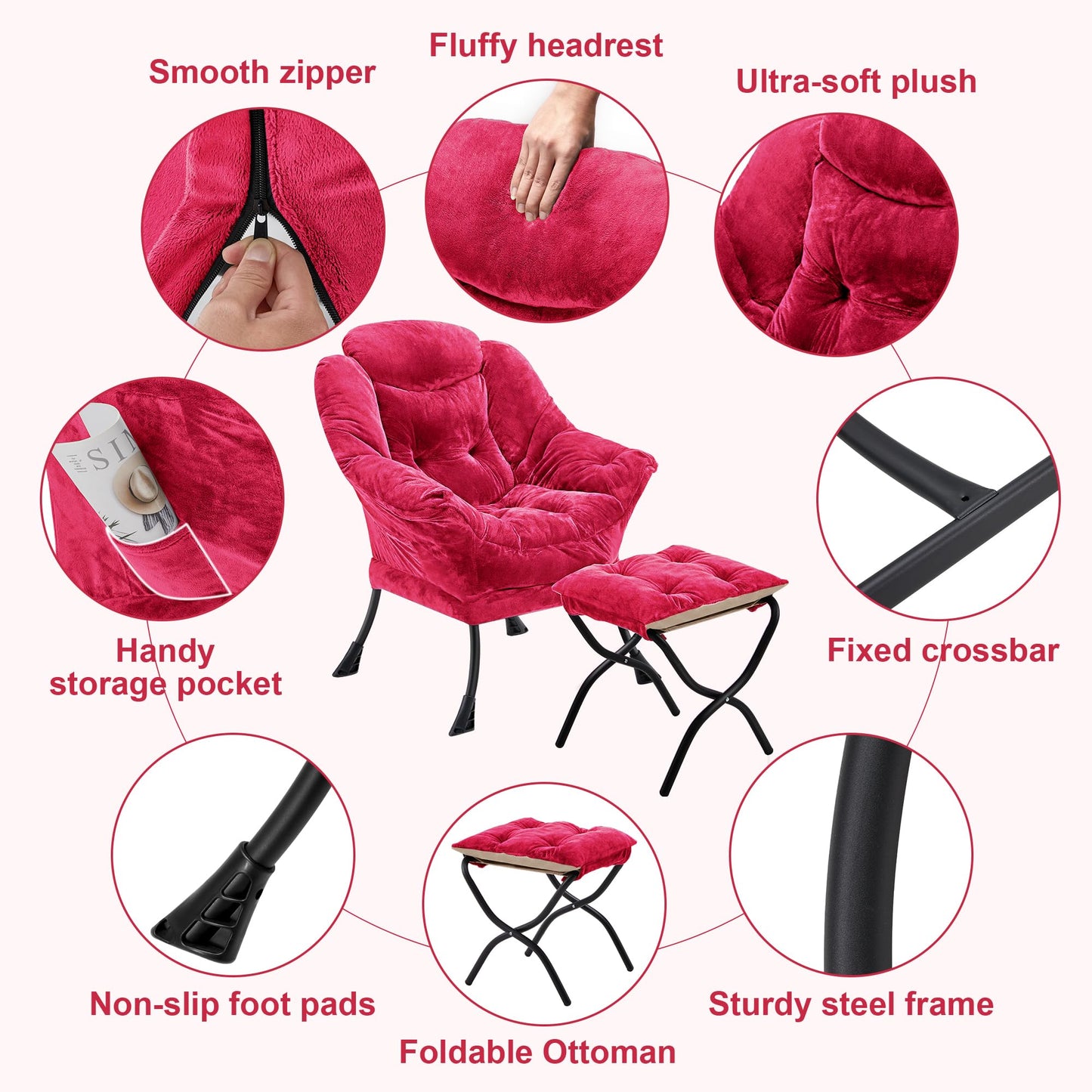 Halituny Fabric Lazy Chair with Ottoman, Oversized Upholstered Sofa Chair for Adults, Plush Comfy Lounge Chair with Large Side Storage Pocket, Reading Chair for Living Room, Bedroom, Office, Rose Red