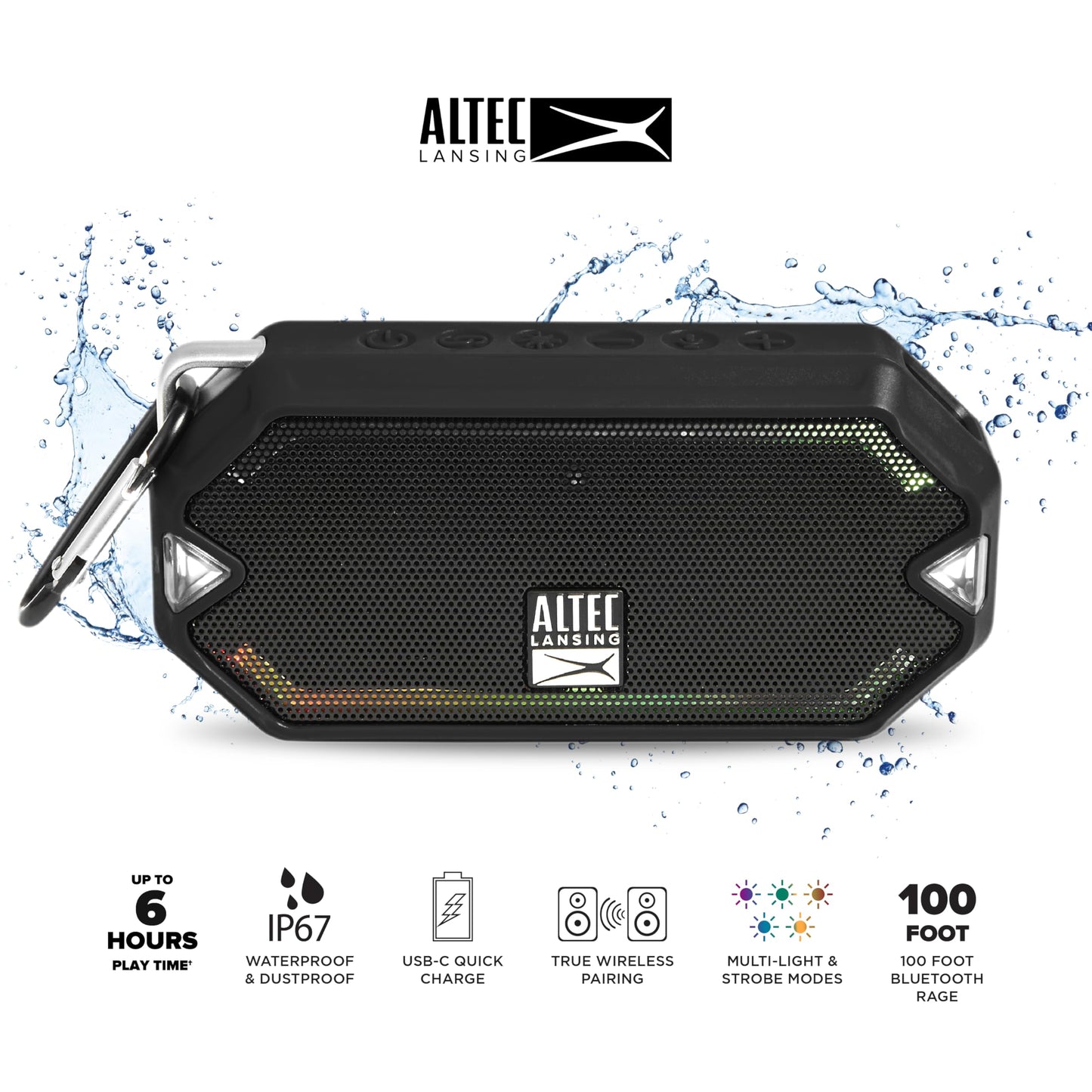Altec Lansing - HydraMini Wireless Bluetooth Speaker, IP67 Waterproof USB C Rechargeable Battery with 6 Hours Playtime, Compact, Shockproof, Snowproof, Everything Proof (Black)
