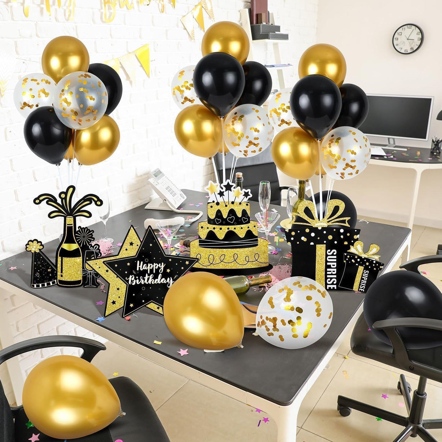 6 Sets Balloon Stand Kit for Table Happy Birthday Black Gold Balloon Centerpiece Decor Black and Gold Balloon Stand Kit for 40th 50th 60th 70th Birthday Party Decoration