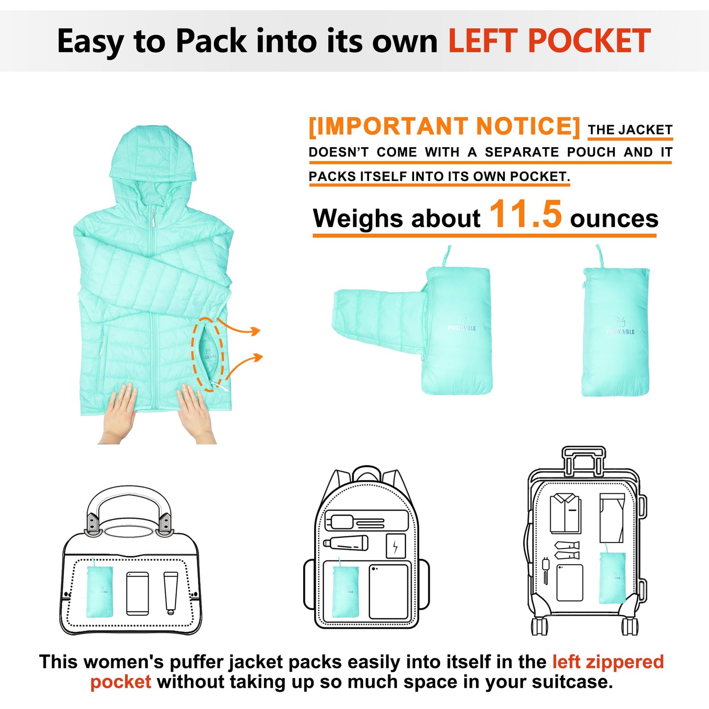 Outdoor Ventures Women's Packable Lightweight Full-Zip Puffer Jacket with Hood Quilted Winter Coat