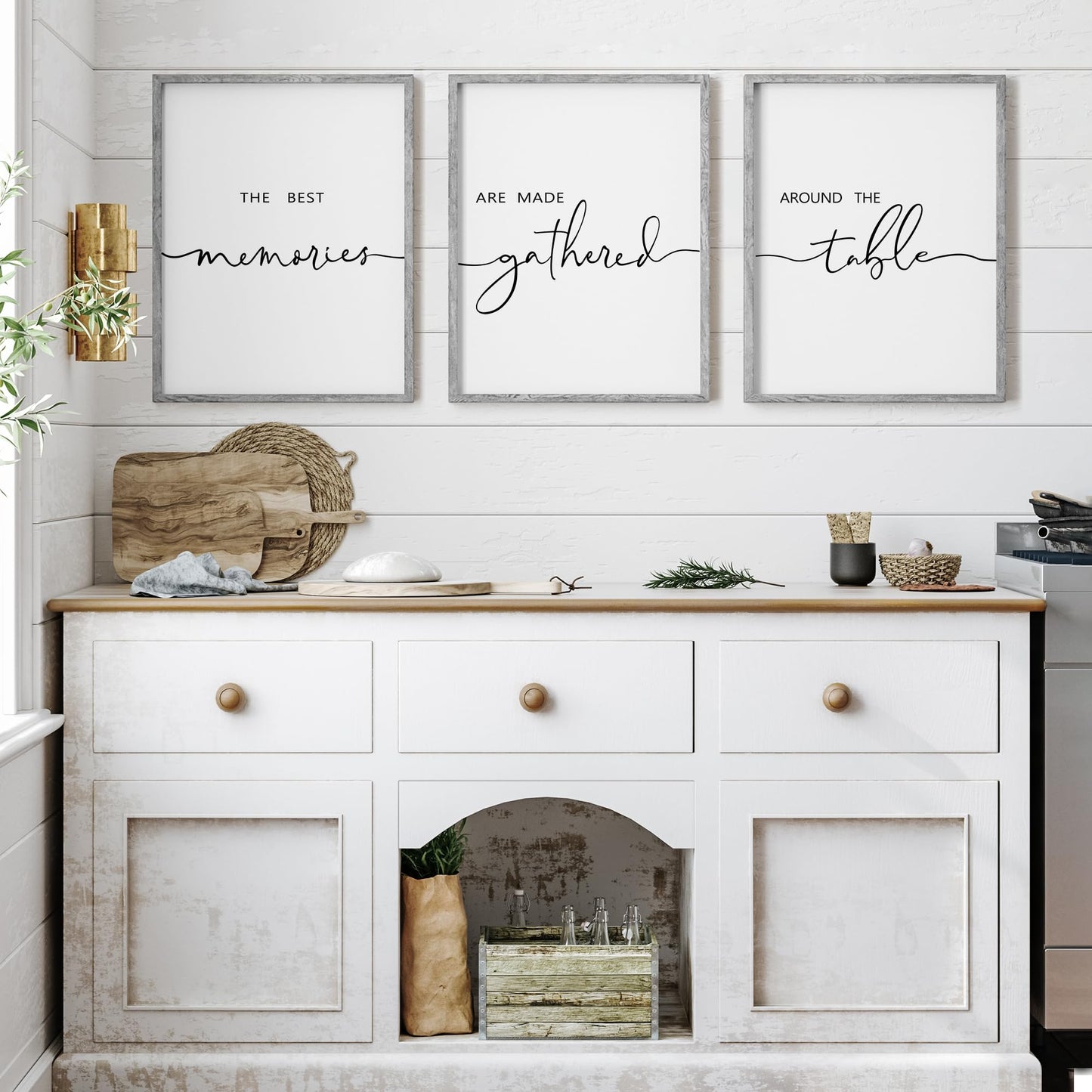Houmury Set of 3 Framed Wall Art Memories Around the Table Farmhouse Wall Decor 11”x14” Kitchen Wall Decor for Dining Room Decor Wood Signs (Gray, 11 * 14")