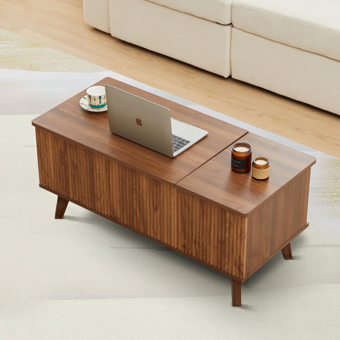 Wooden Fluted Lift Top Coffee Table with Hidden Compartment, Modern Rectangle Center Tables with Adjustable Storage Shelf, Lift Tabletop Dining Table for Home Living Room Office(Walnut)