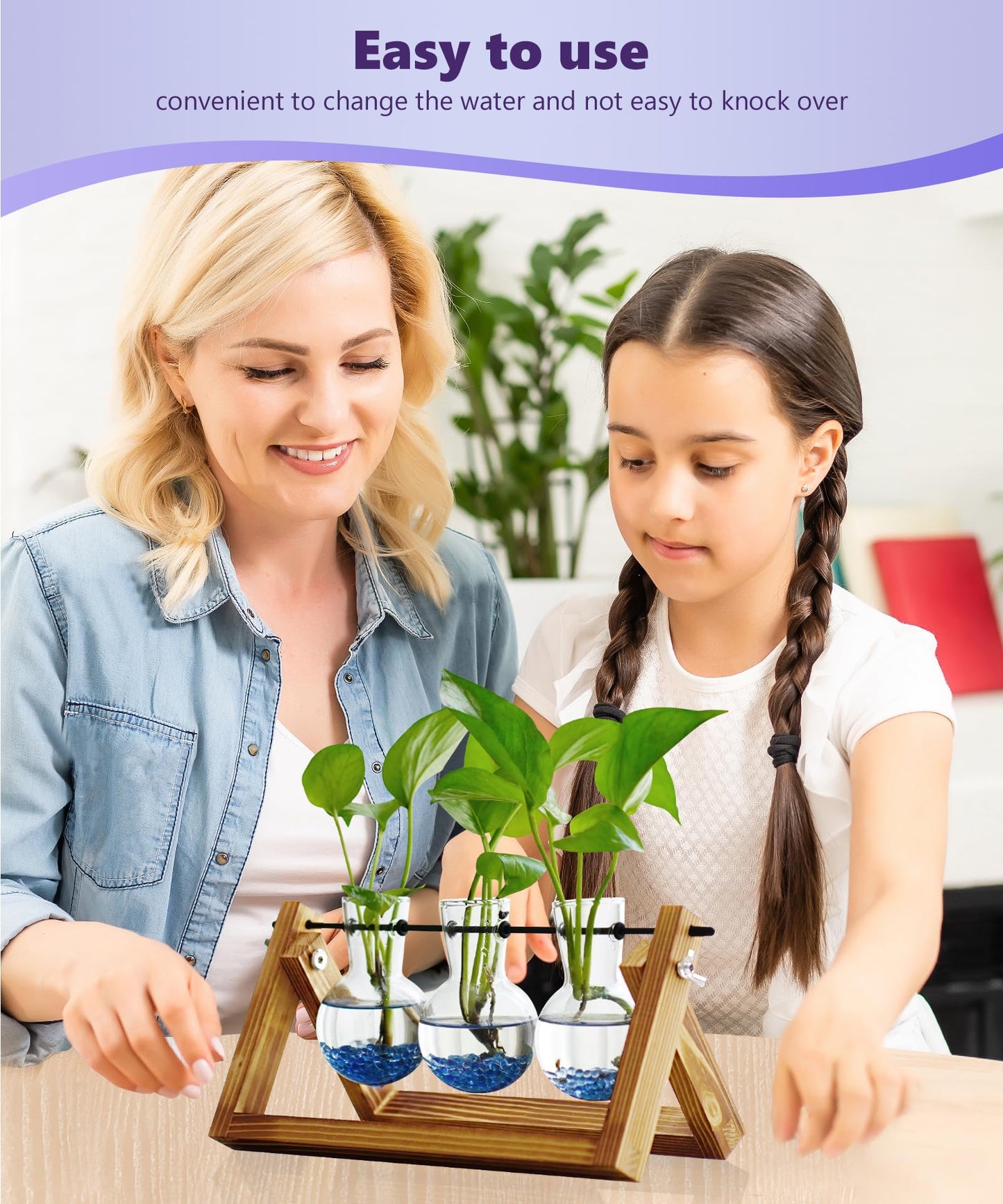 Nacome Plant Terrarium for Office Decor: Wooden Stand Tabletop Planter 3 Bulb Glass Vase Metal Swivel Holder for Hydroponics Indoor Home - Birthday Gifts for Women Mom Grandma