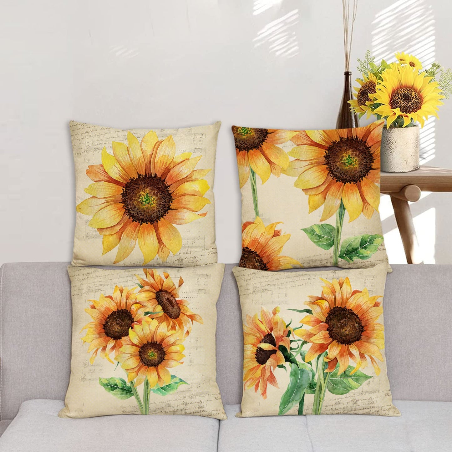 Neatee Living Set of 4 Sunflower Decorative Throw Pillow Covers 18x18 Inch Plant Pillow Covers Linen Square Pillow Cases Summer Flower Outdoor Sofa Couch Home Bed Decor Cushion Covers (18 by 18)