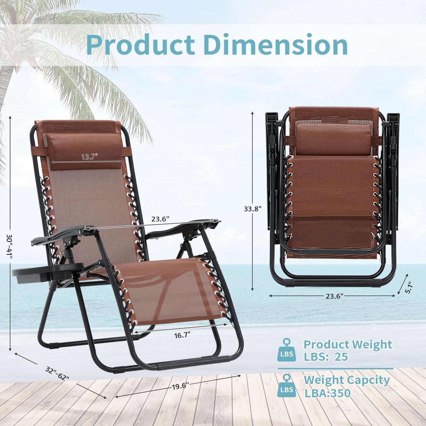 RICHRYCE Zero Gravity Chair Set of 2, 350 lbs Capacity, Reclining Folding Outdoor Chairs with Adjustable Headrest & Cup Holder, Anti - Gravity Loungers for Backyard, Patio, Lawn, Poolside (Brown)