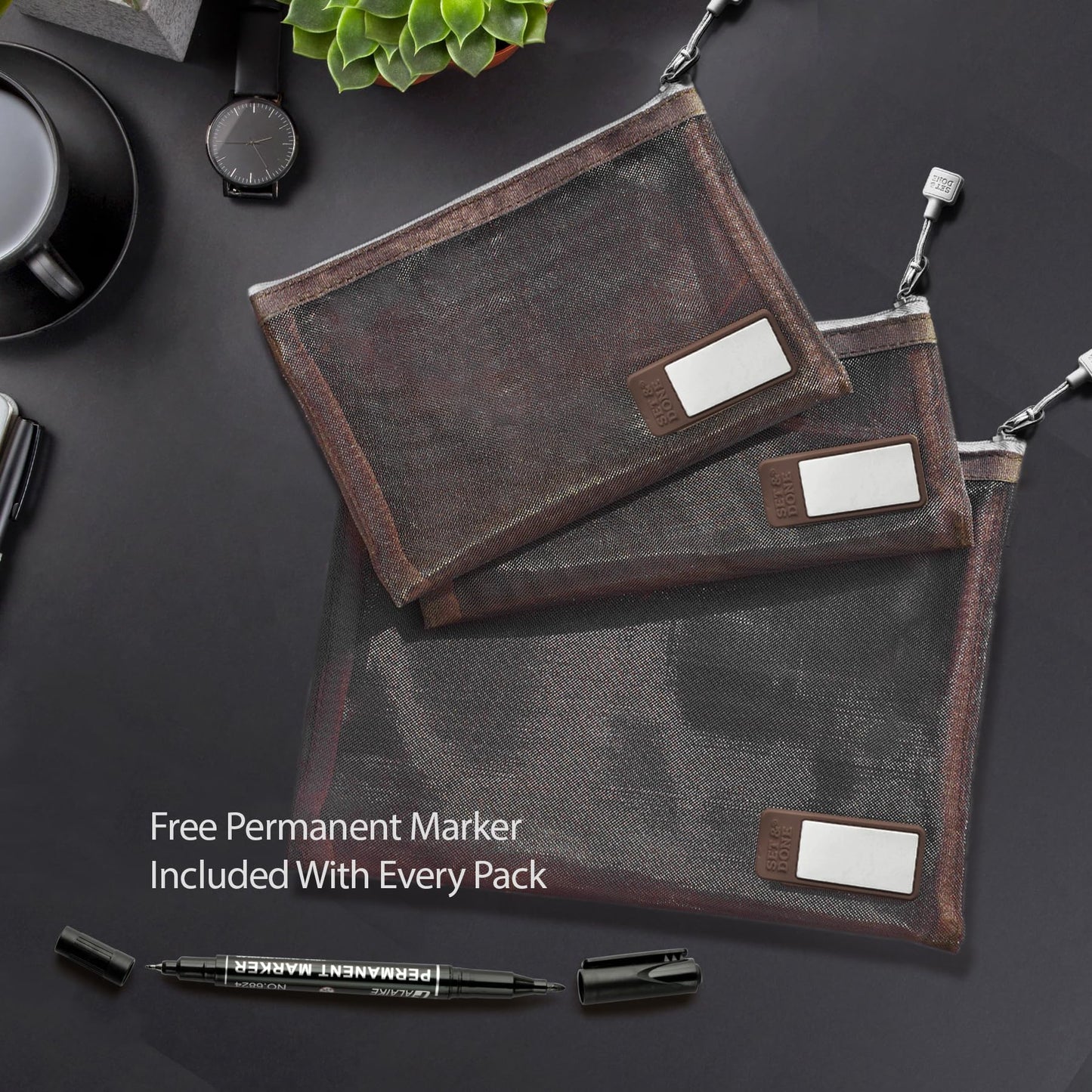 Pack of 3 Nylon Zipper Mesh Pouch Set with Name Tab - Premium Travel Organizers - Mesh Bags for Ultimate Organization - Ideal for Diaper Bag and Makeup Storage - Espresso Brown.