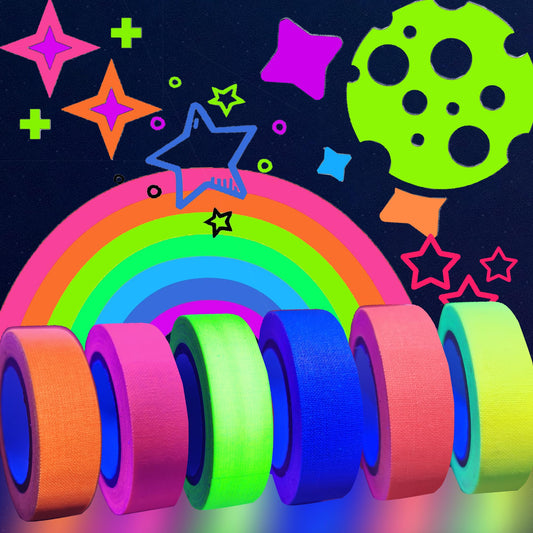 SWRT Neon Gaffer Cloth UV Blacklight Tape for Party Supplies, 6 Rolls Multi-Color UV Fluorescent Glow in The Dark Tape for Party Decoration, Dance Floors, UV Party (0.6 inch x 16.5 feet)