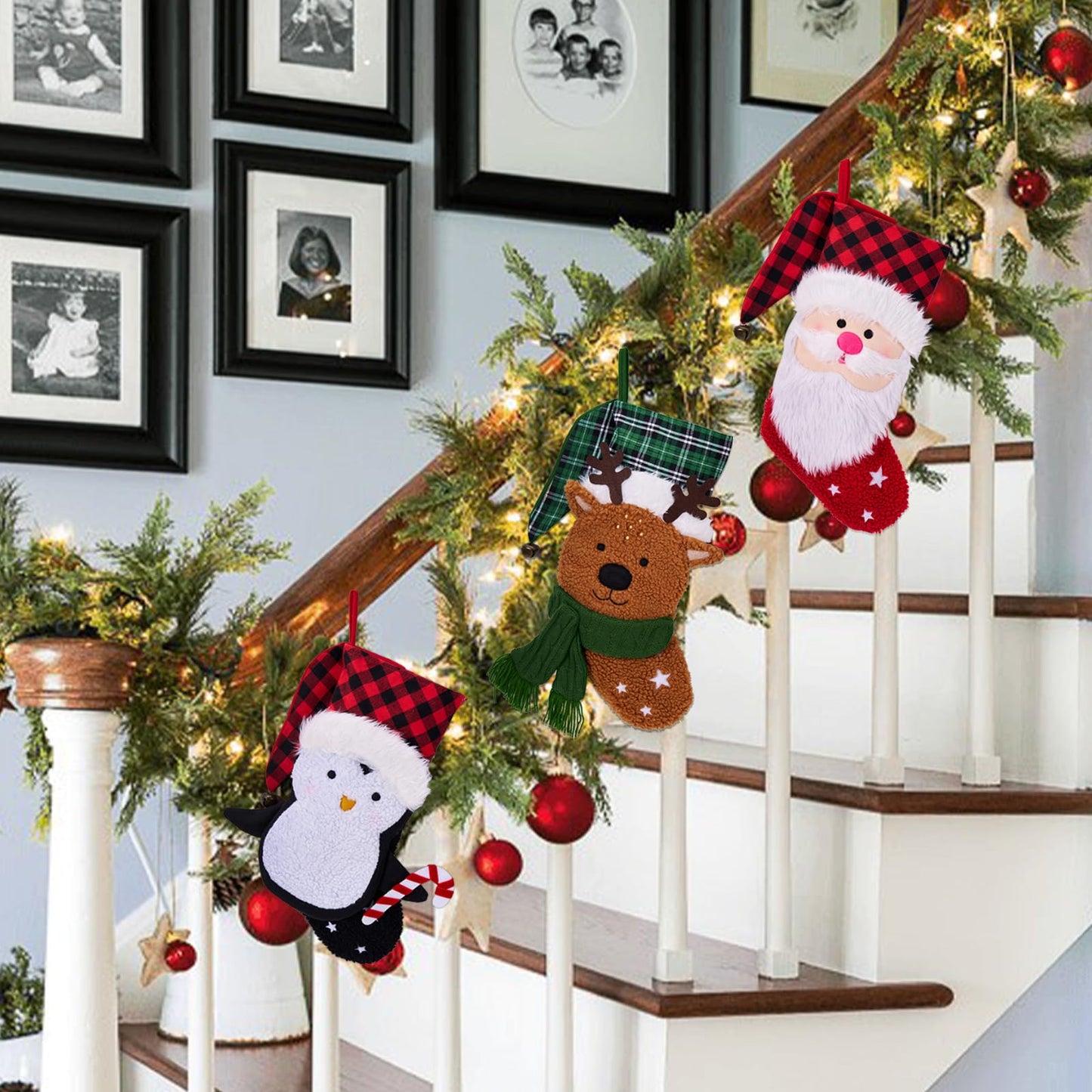 Munidow 3 Pack 18" Large Christmas Stocking, 3D Plush Christmas Stocking Santa Penguin Fur Xmas Stocking Holiday Christmas Decoration Gifts for Family Holiday Christmas Party Decorations D1