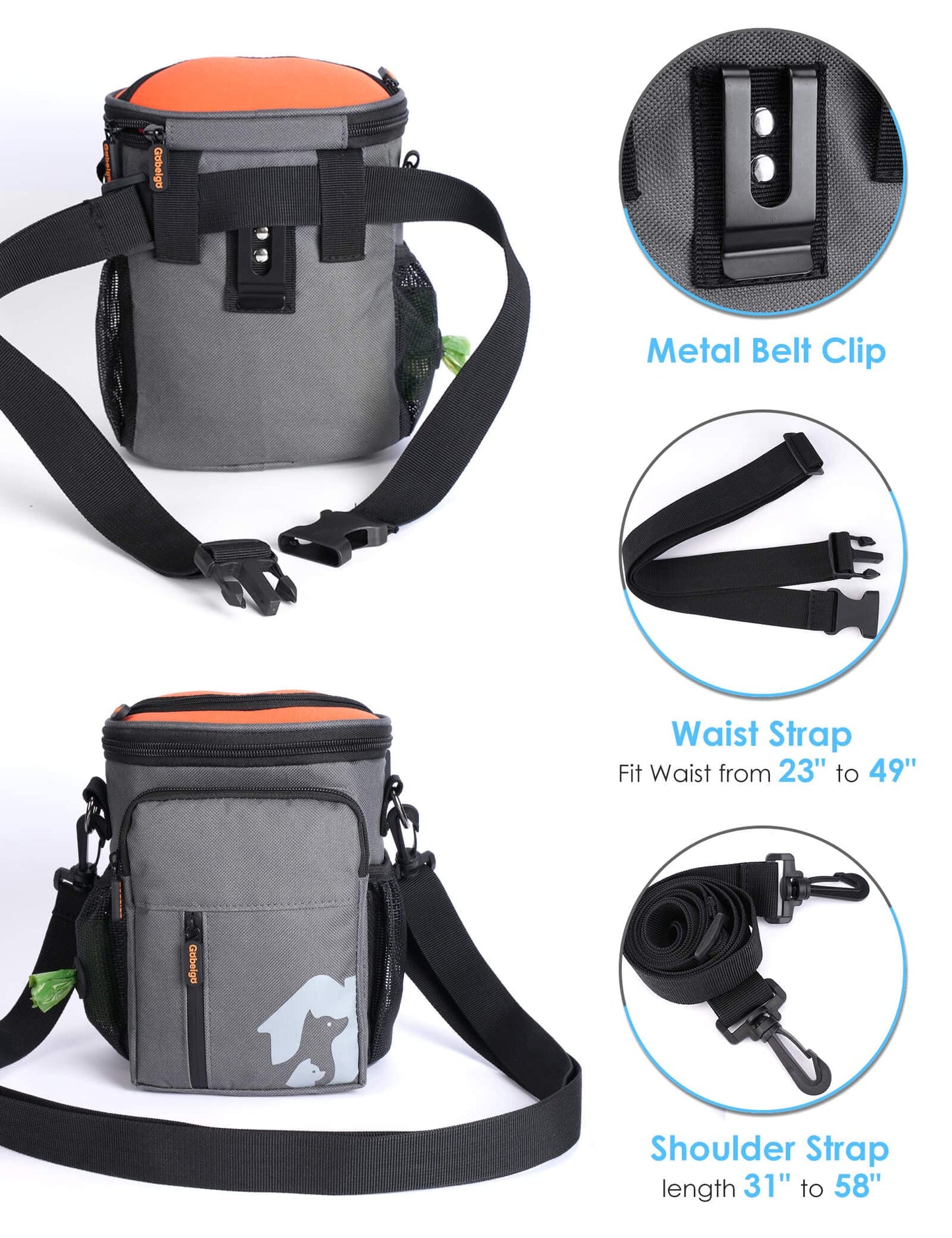 Gobeigo【8 Cup】Dog Treat Pouch【3 Ways to Wear 】Treat Bag for Training & Walking, Built-in Poop Bag Dispenser, Large Phone Friendly (Gray & Orange)