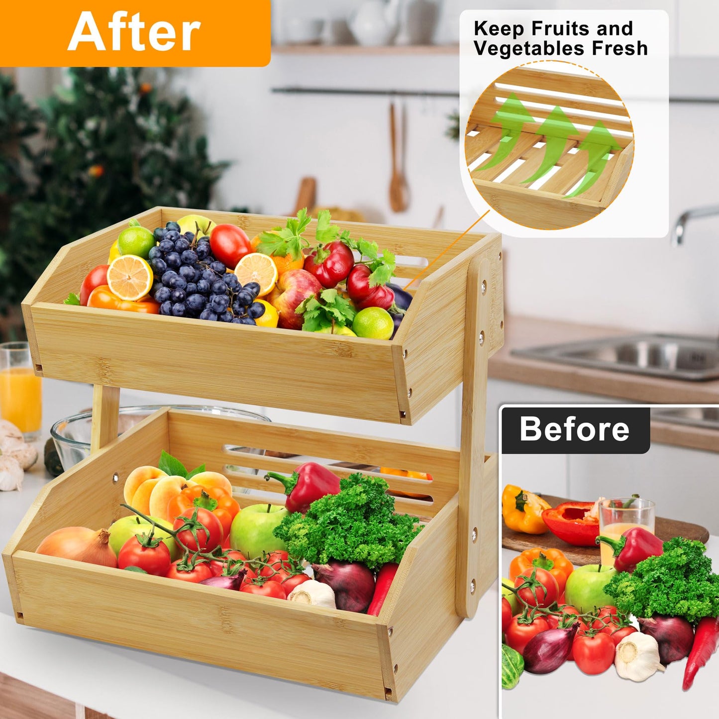 mobzio Fruit Basket Stand, 2 Tier Fruit Basket for Kitchen Counter, Produce Basket for Fruit and Vegetable Storage, Bamboo Basket Fruit Bowl Display Rack, Fruit Holder Snack Organizer