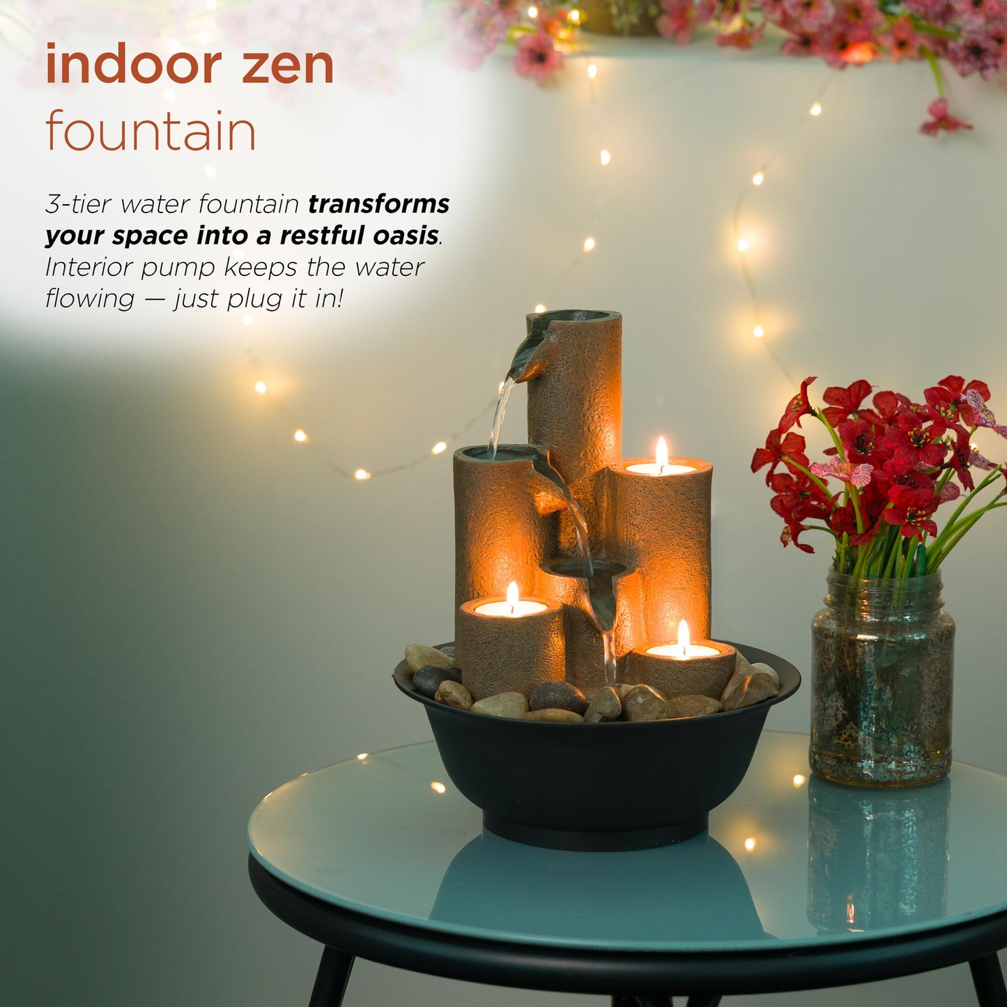 Alpine Corporation WCT202 Indoor Tabletop Tiered Water Fountain Featuring 3 Candles for Desktop and Table, 11", Brown