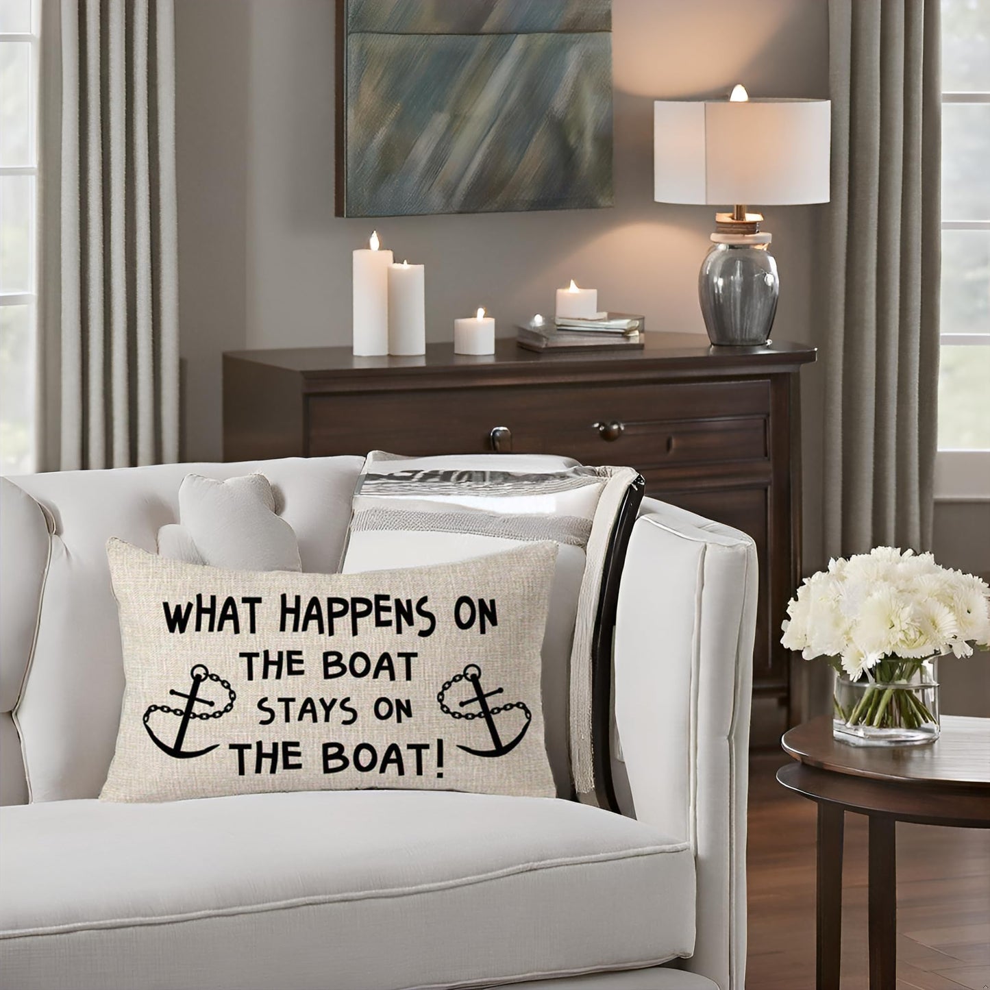 FELENIW What Happens On The Boat Stays On The Boat Anchor Throw Pillow Cover Cushion Case Cotton Linen Material Decorative 12x20 inches