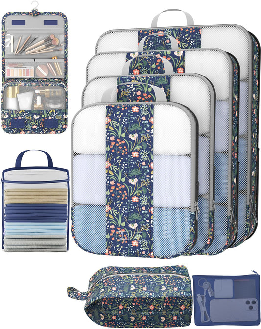 8 Set Compression Packing Cubes for Travel Essentials,Compressible Expandable Packing Cubes for Suitcase,OlarHike Luggage Organizer Bags,Handy Helper for Organizing Clothes(Dark Blue Floral)