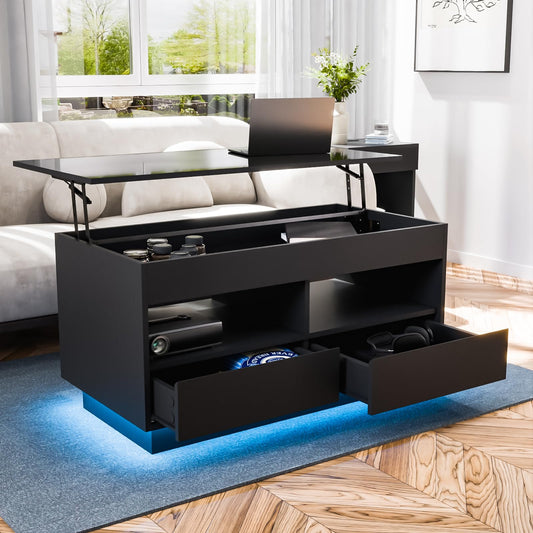 HOMMPA 40‘’ LED Coffee Table for Living Room, Lift Top Coffee Tables with Storage, Morden High Gloss 4 Tiers Black Tea Table Center Tables with Hidden Compartment & 2 Open Shelve & 2 Drawers
